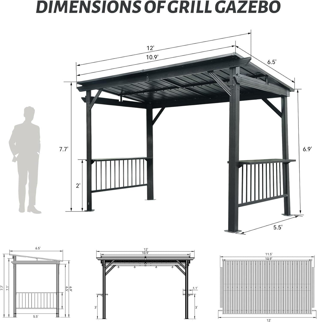 6.5x12FT Hardtop Grill Gazebo with Side Shelves and Steel Roof