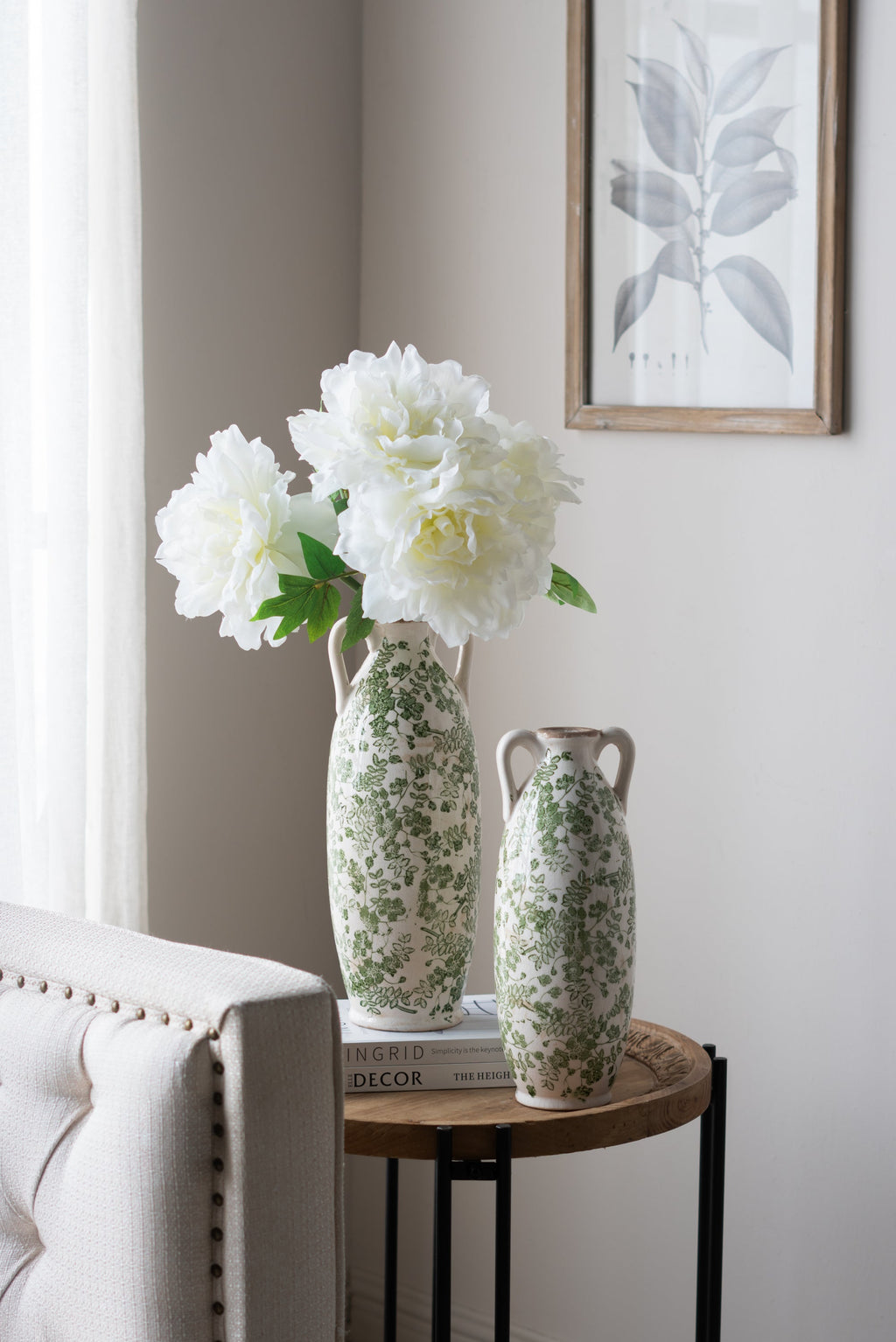 5.9x5.9x15.6' White Ceramic Flower Vase with Green Floral Pattern and Small Handles