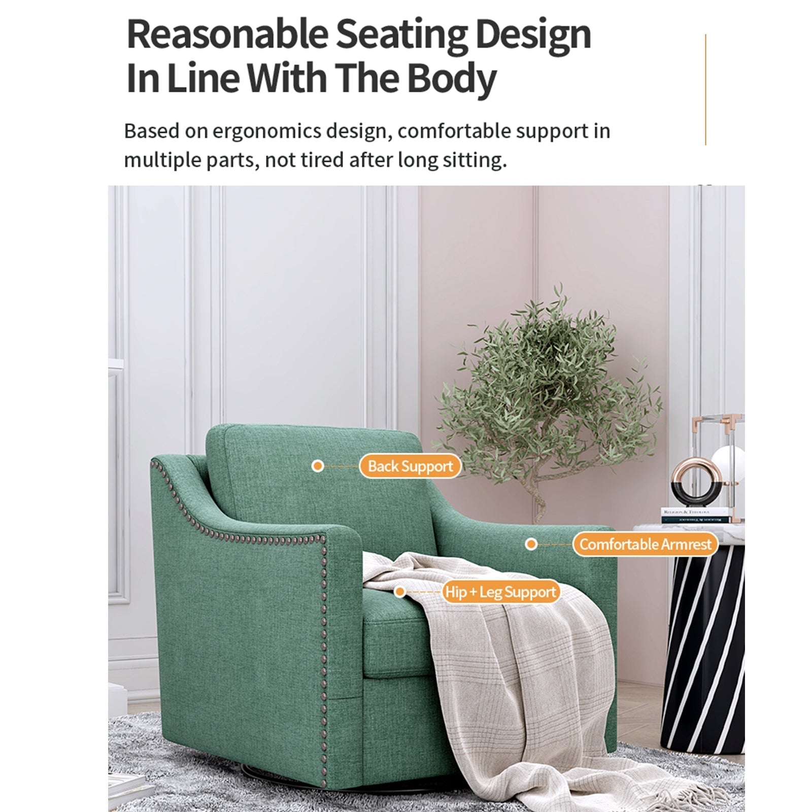 360 Degree Swivel Armchair Cotton Linen Fabric with Brass Nail Detailing