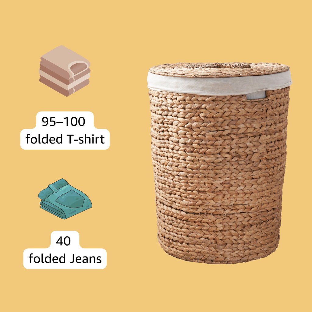 Ludmilla Round Tall Water Hyacinth Woven Wicker Laundry Hamper With Lid - For Clothes, Toys And Book Storage With Removable Liner - 18" X 18" X 23" - Natural Brown