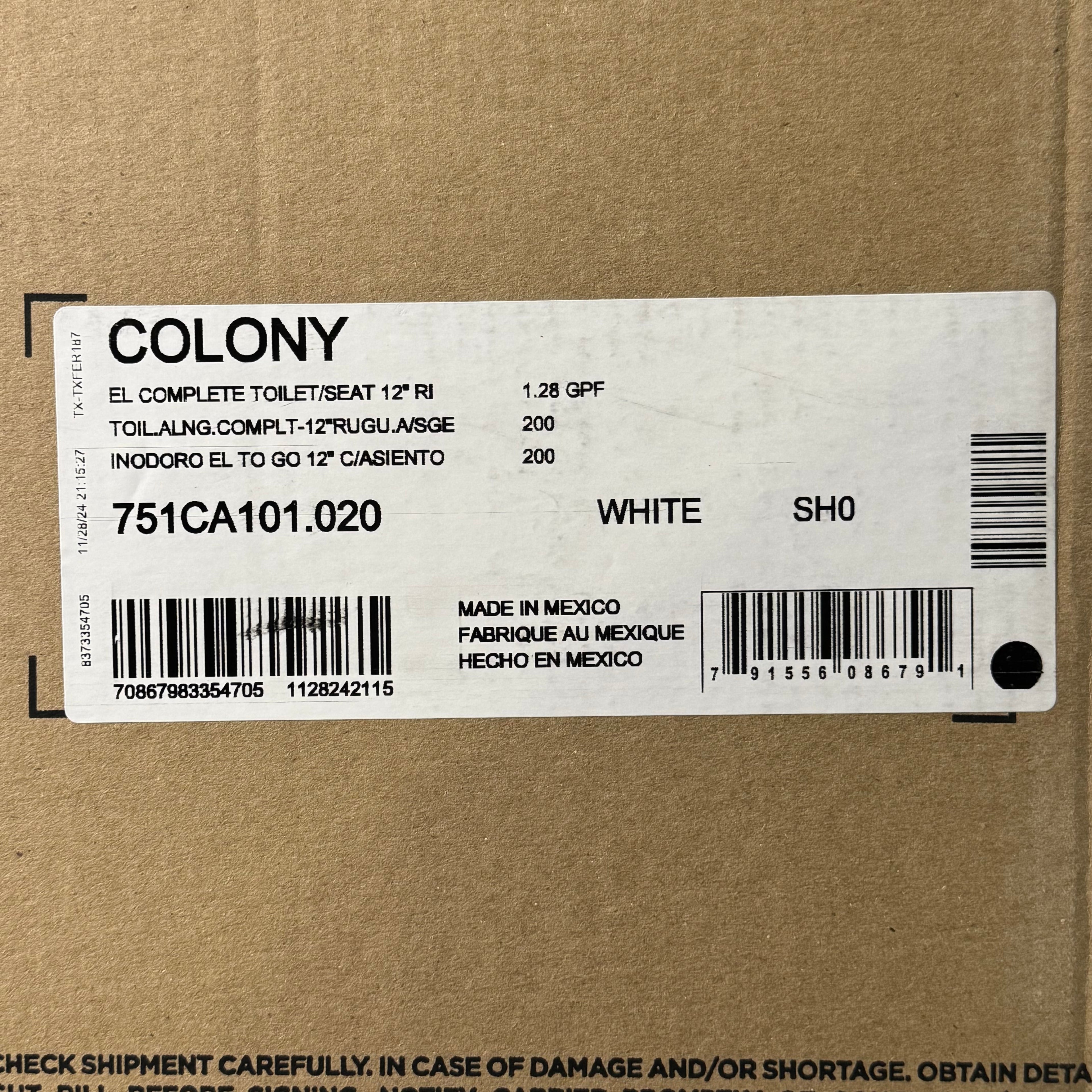 AMERICAN STANDARD Colony Elongated 12" Rough Toilet White 751CA101.020