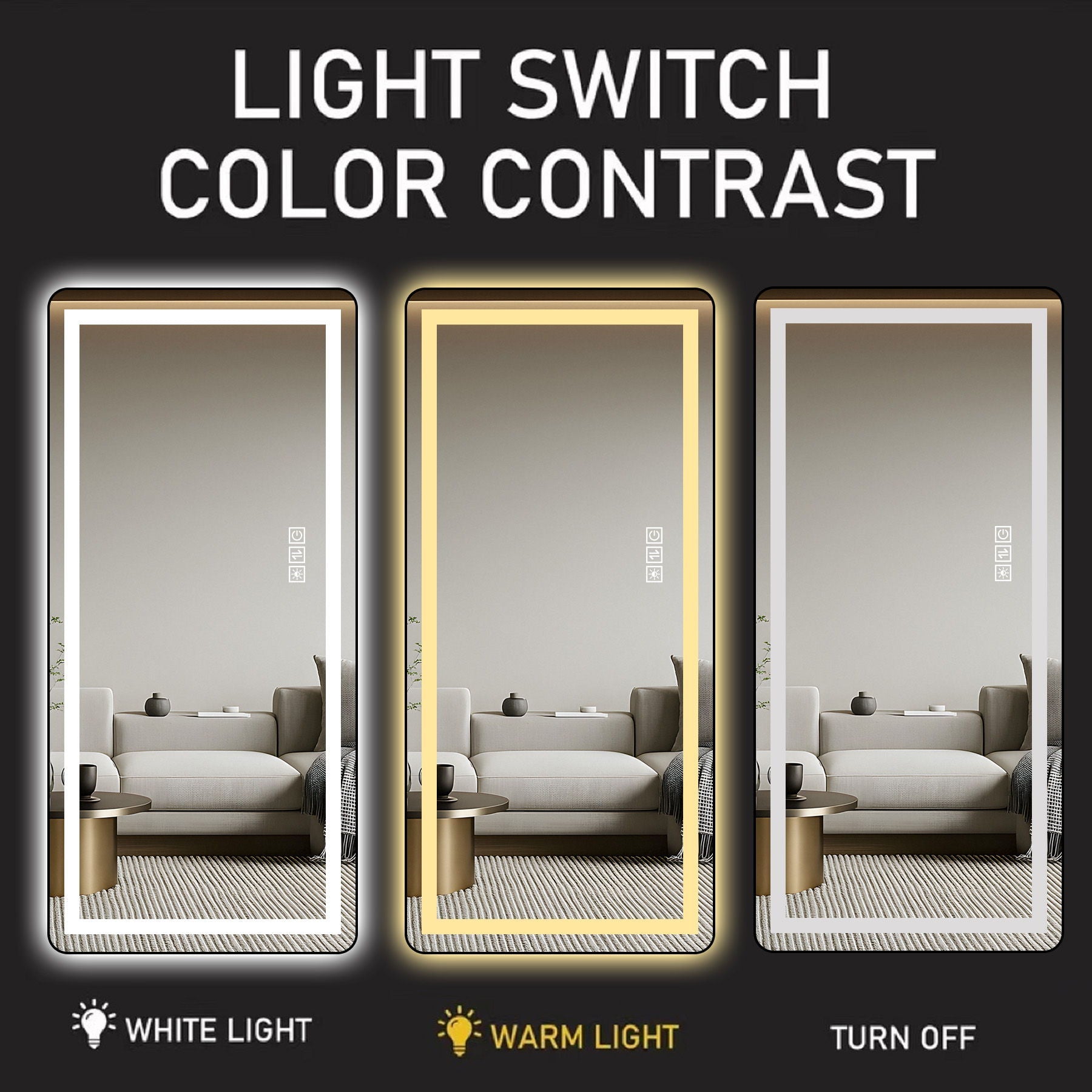 Full-Length Vertical Mirror With LED Light, Dimming Wall Mirror With Frame