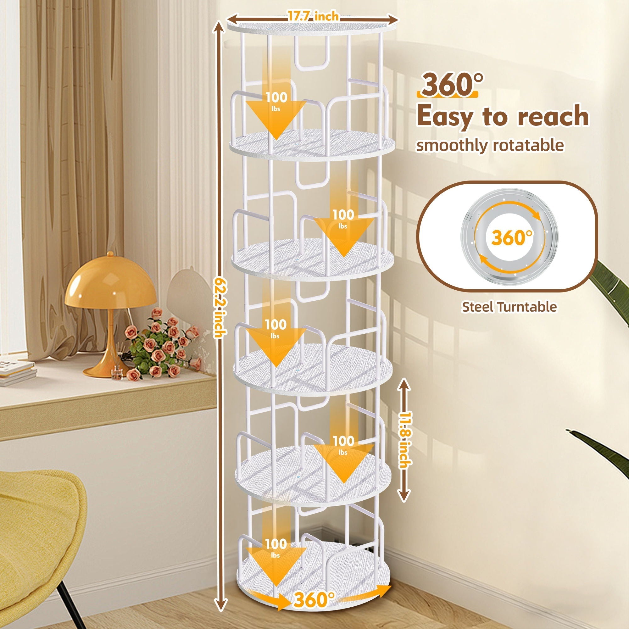 Rotating Bookshelf Tower 5 Tier Spinning 360 Degree Revolving Storage Shelf