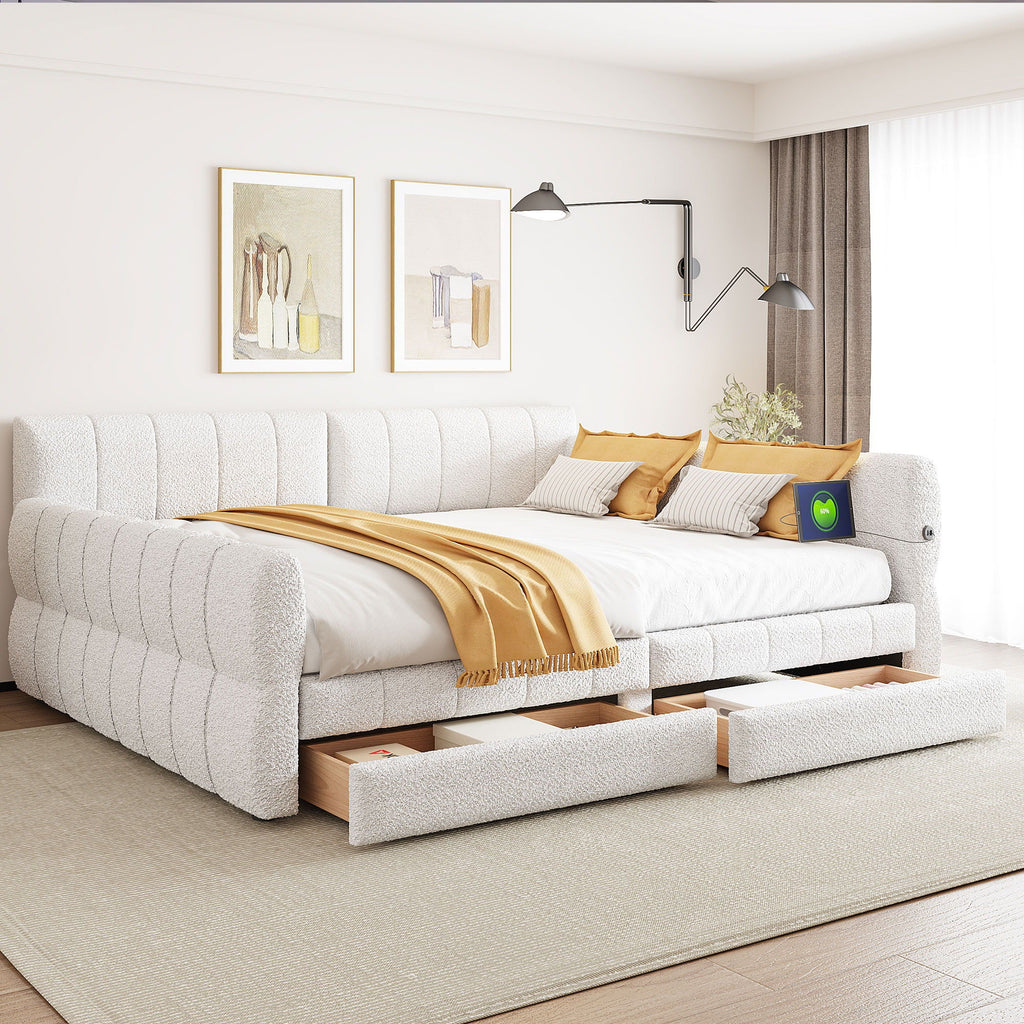 Upholstered Platform Bed With USB Charging And 2 Storage Drawers
