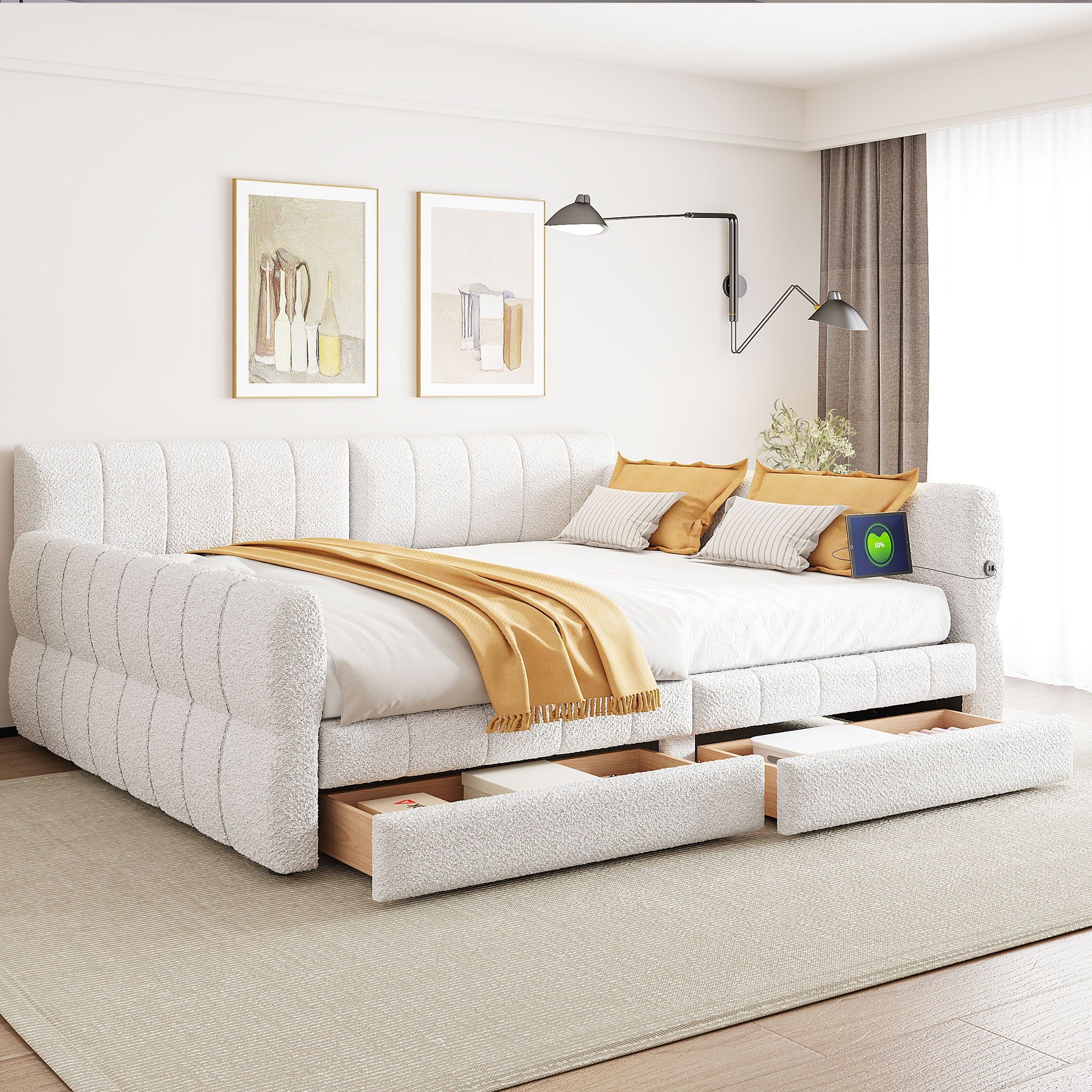 Upholstered Platform Bed With USB Charging And 2 Storage Drawers