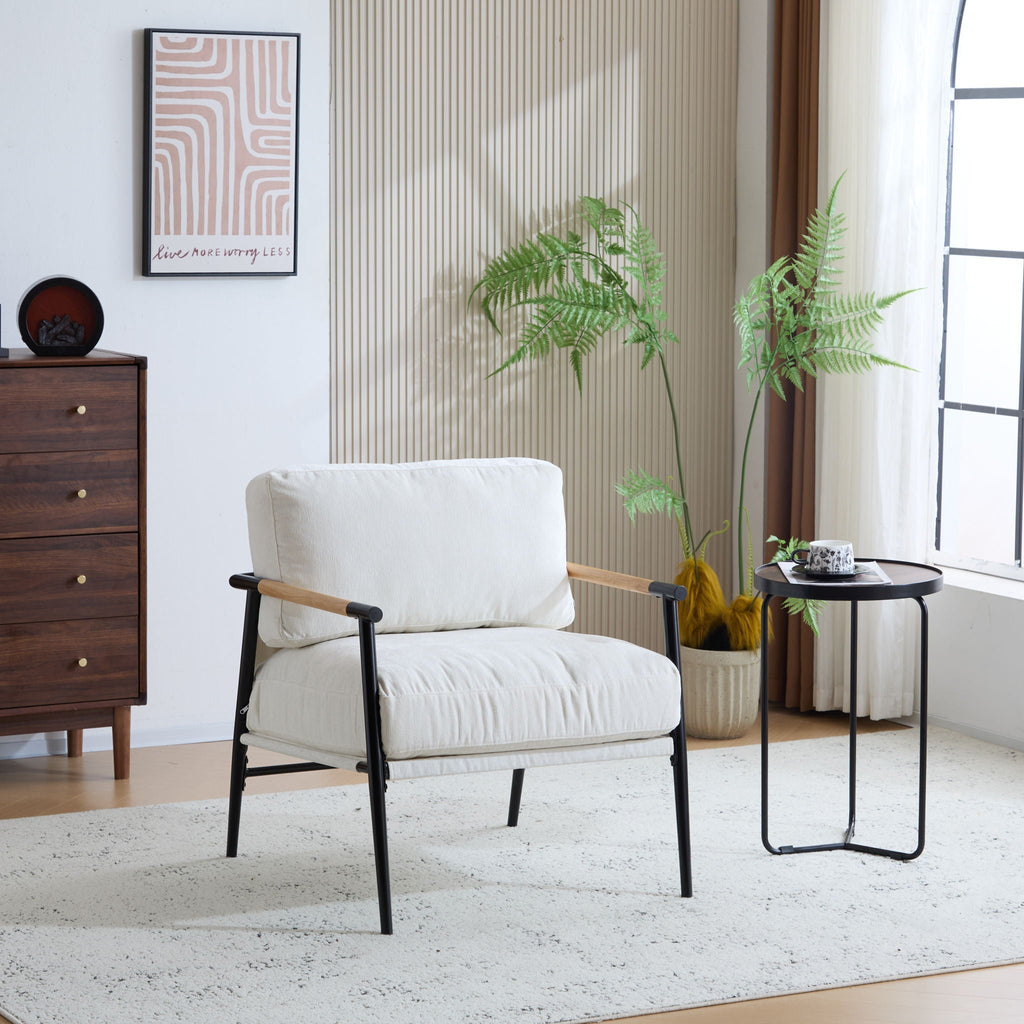 Modern Accent Chair With Plush Cushions and Wooden Armrests