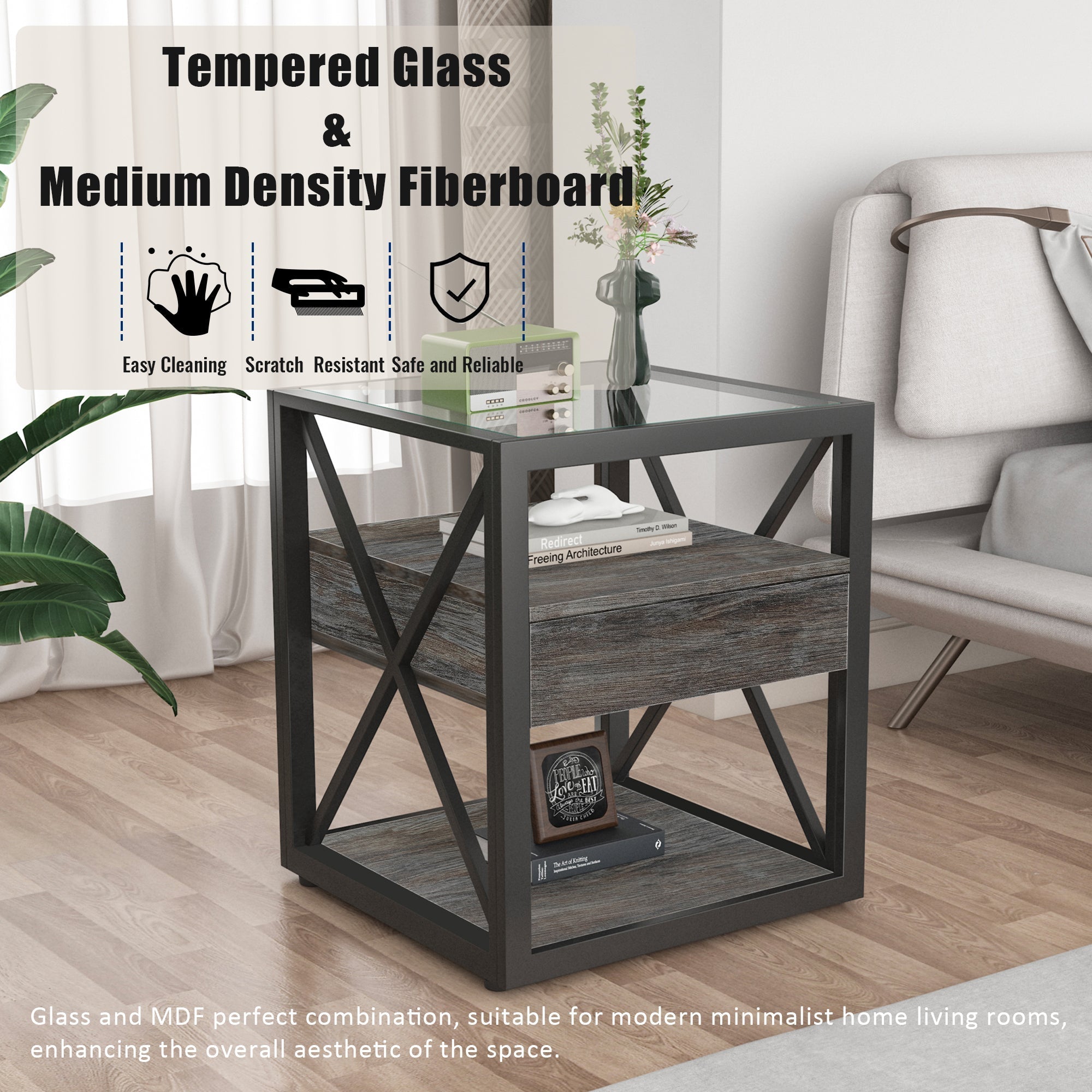 Set of 2 Modern End Tables with Drawer - Nightstands