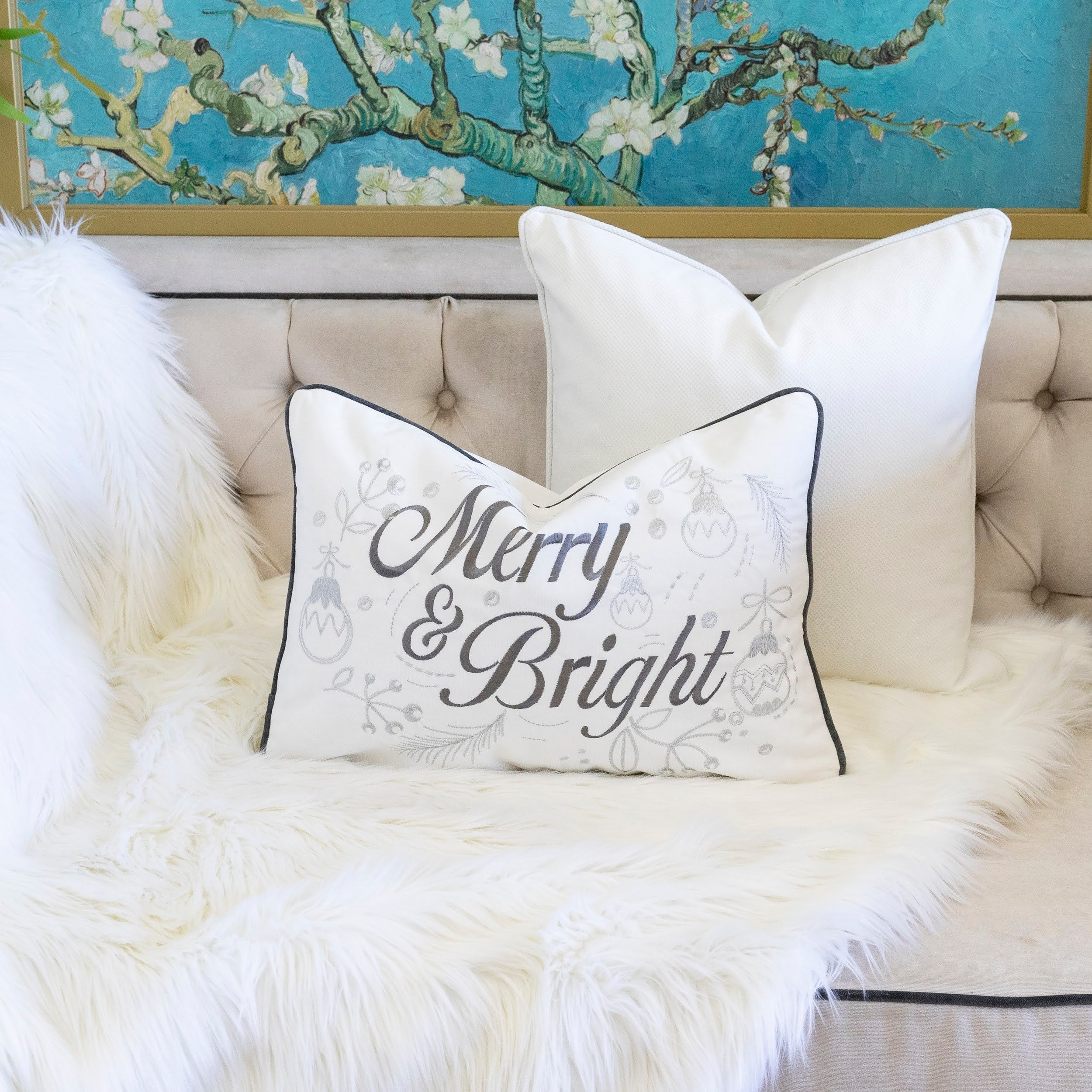 Merry & Bright Christmas Throw Pillow – 14x20 Velvet Lumbar Cushion