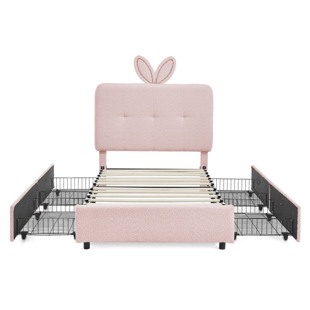 Upholstered Bed With Oversized Rabbit Ear Headboard, LED Lights & 4 Storage Drawers