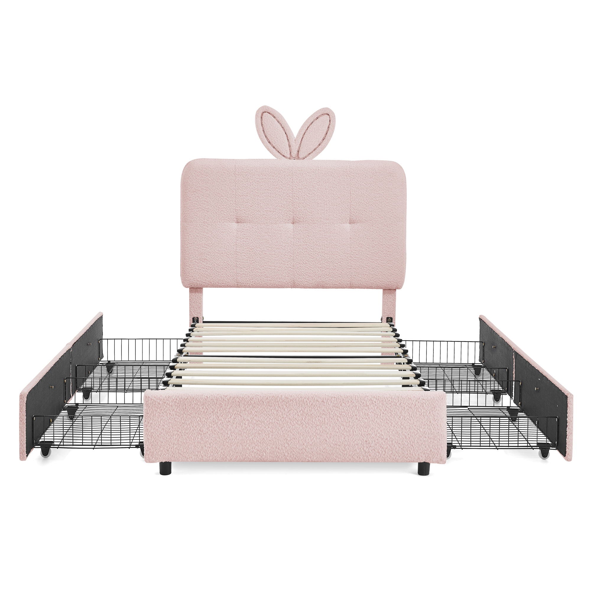 Upholstered Bed With Oversized Rabbit Ear Headboard, LED Lights & 4 Storage Drawers