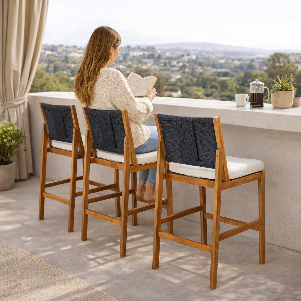4 Pieces Arly Black Outdoor Bar Stool Solid Acacia Wood and Woven Wicker