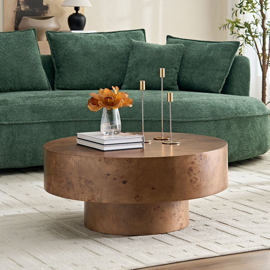 31.49" Burl Wood Veneer Round Coffee Table