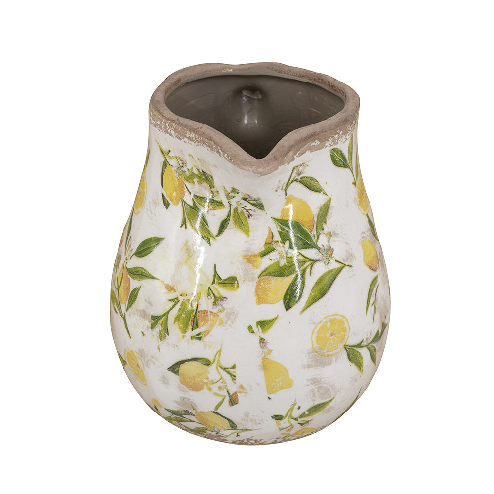 7.9x6.5x7.9' White Ceramic Pitcher Vase with Yellow Lemon Motif