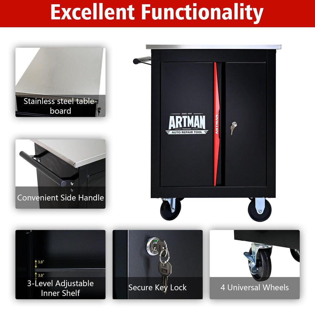 Double Door Clapboard Multi-Function Tool Cart - Black / Red