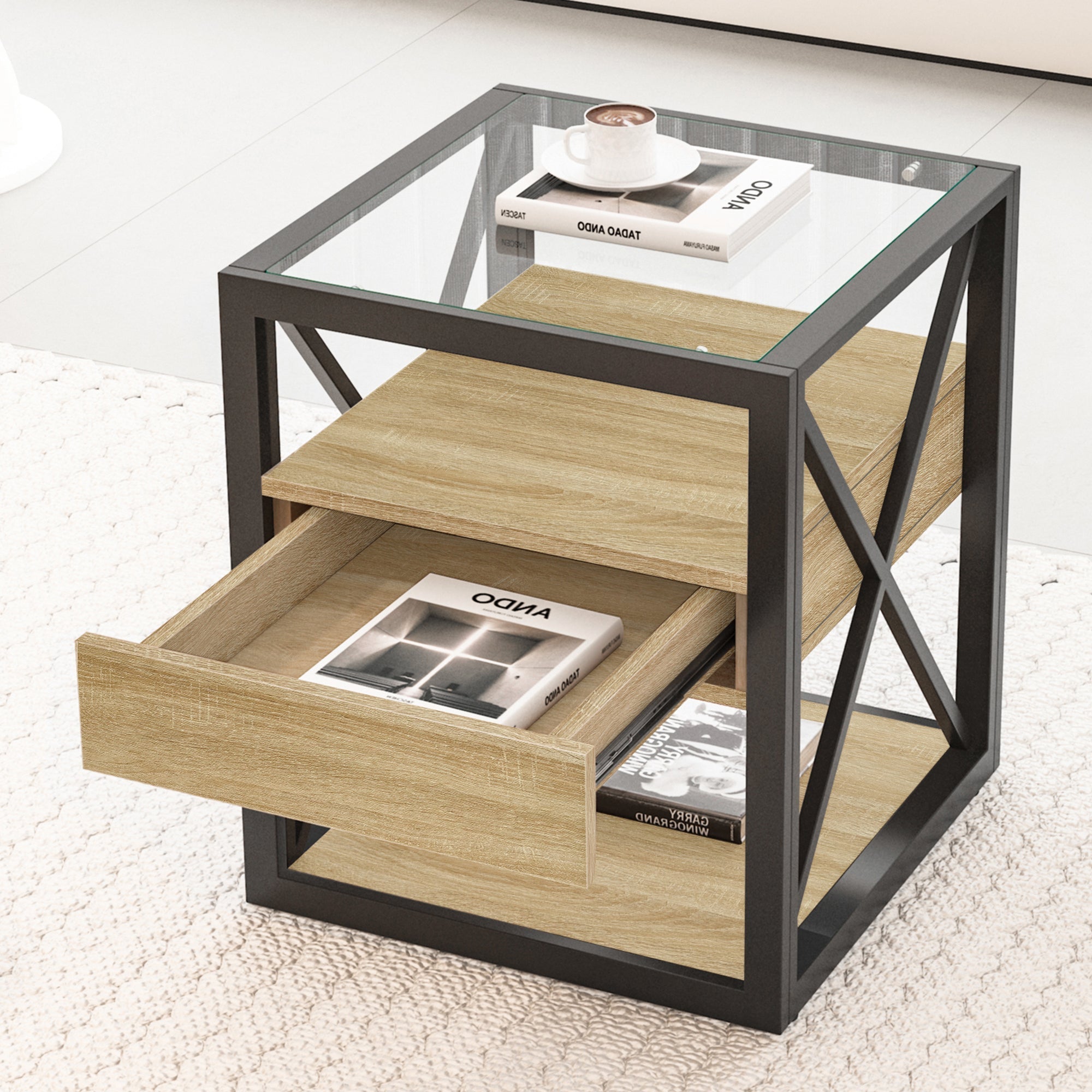 1 Piece Modern End Table with Drawer - Natural Wood & Tempered Glass