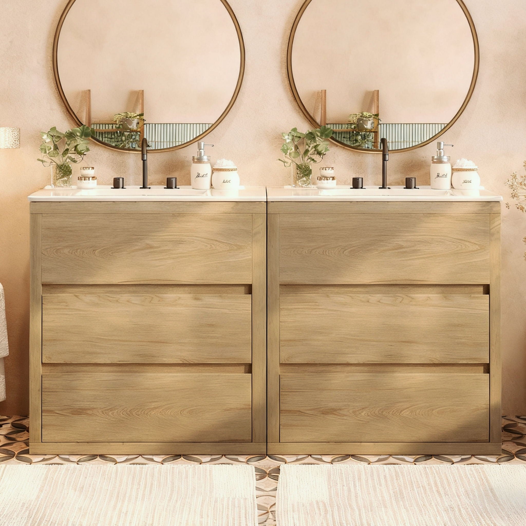 Double Sinks Bathroom Vanity Set with 2 Ceramic Basins