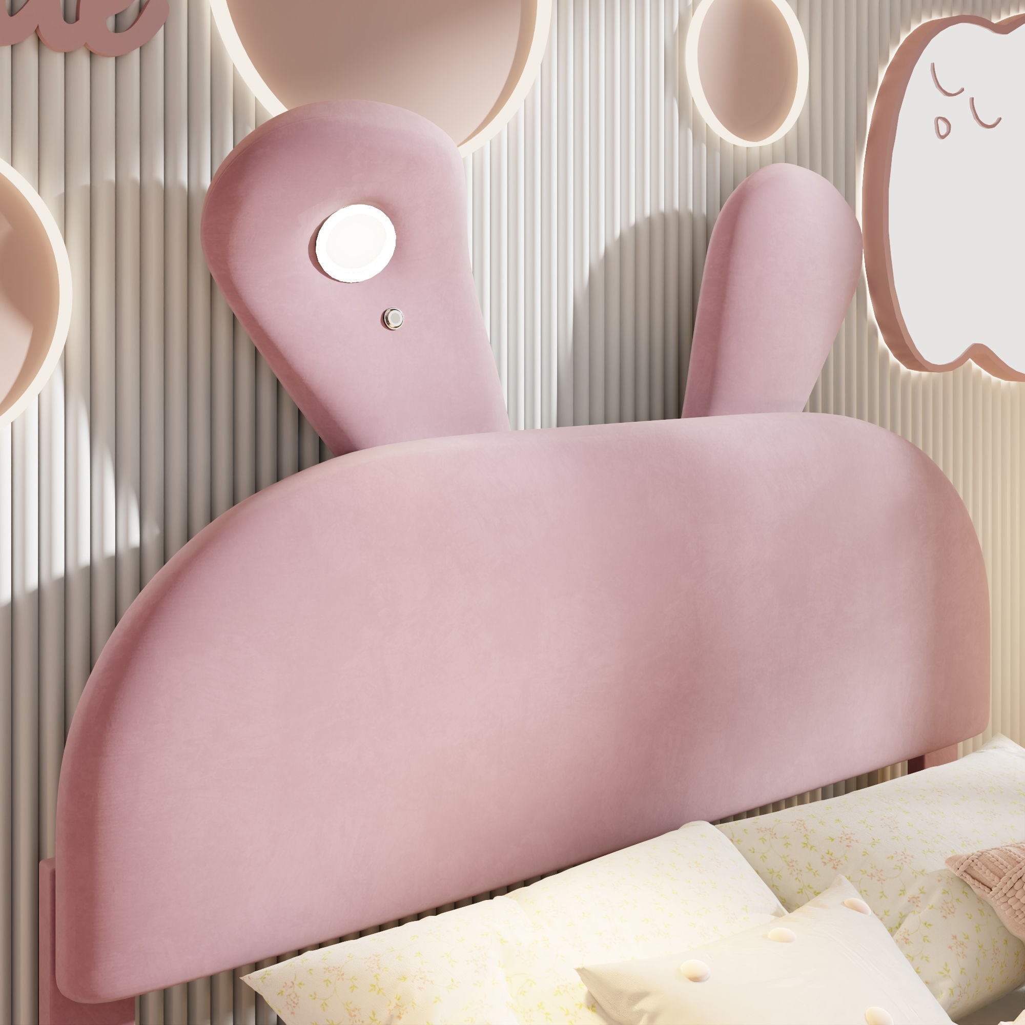 Full Upholstered Platform Bed With Cartoon Ears Headboard And LED Light - Pink