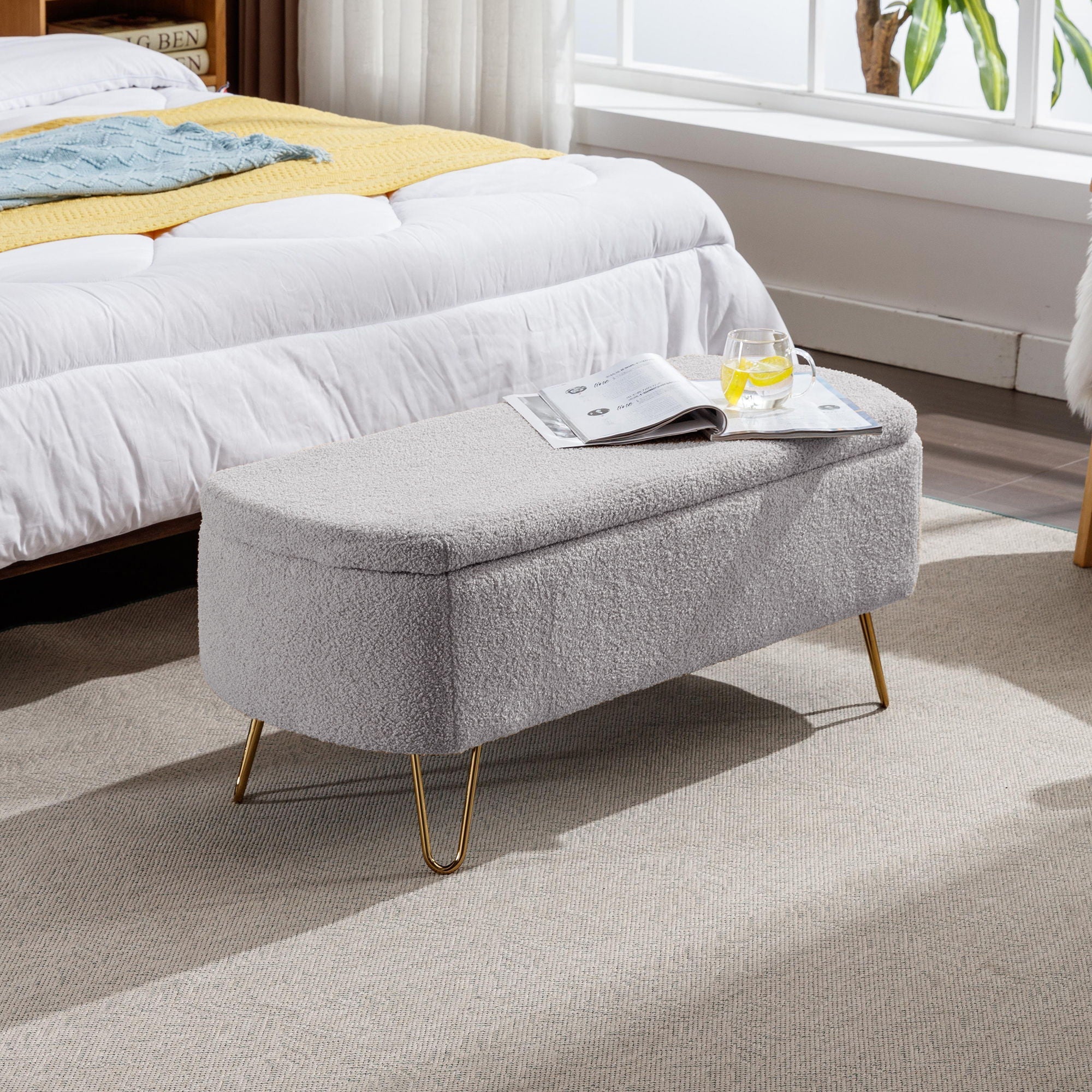Storage Ottoman Bench For End Of Bed Legs, Modern Camel Faux Fur Entryway Bench Upholstered Padded With Storage For Living Room Bedroom
