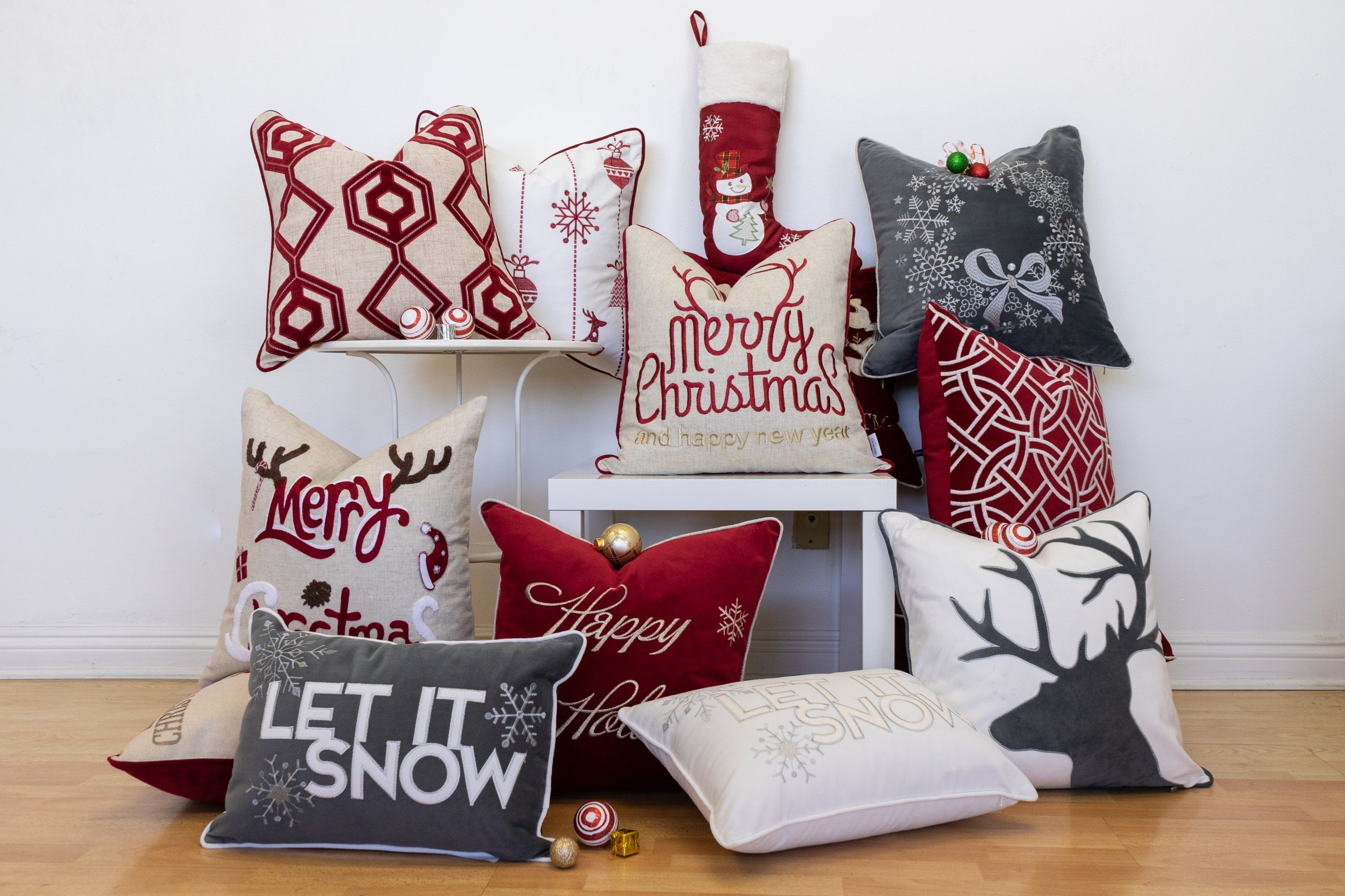 Let It Snow Embroidered Cotton Throw Pillow – 20x20 Gray Winter Accent Cushion
