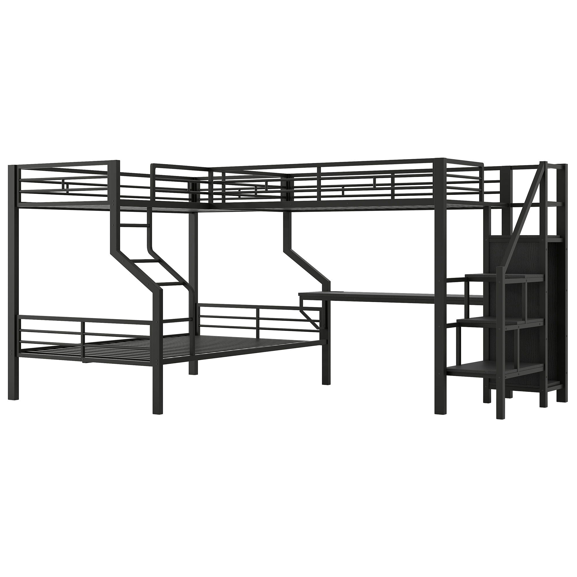 Twin Over Full L Shaped Bunk & Loft Bed With Built-In Wardrobe, Desk, And USB Ports - Black
