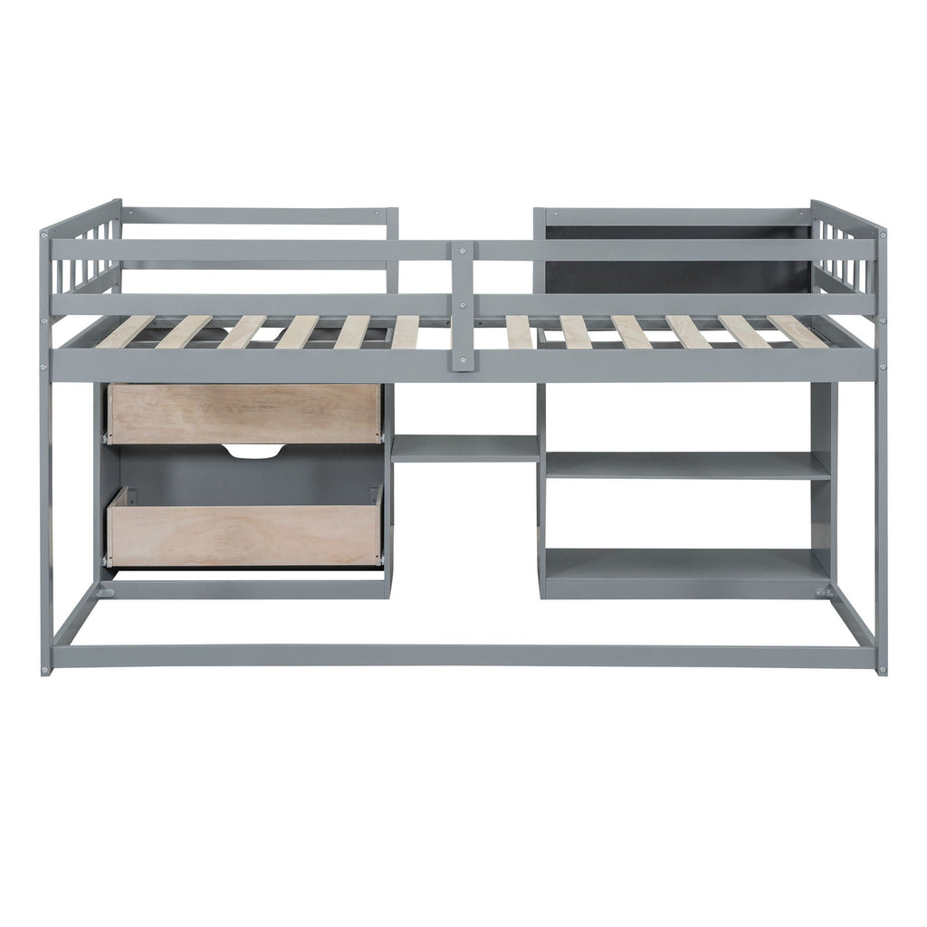 Low Loft Bed With Rolling Desk, Shelf And Drawers