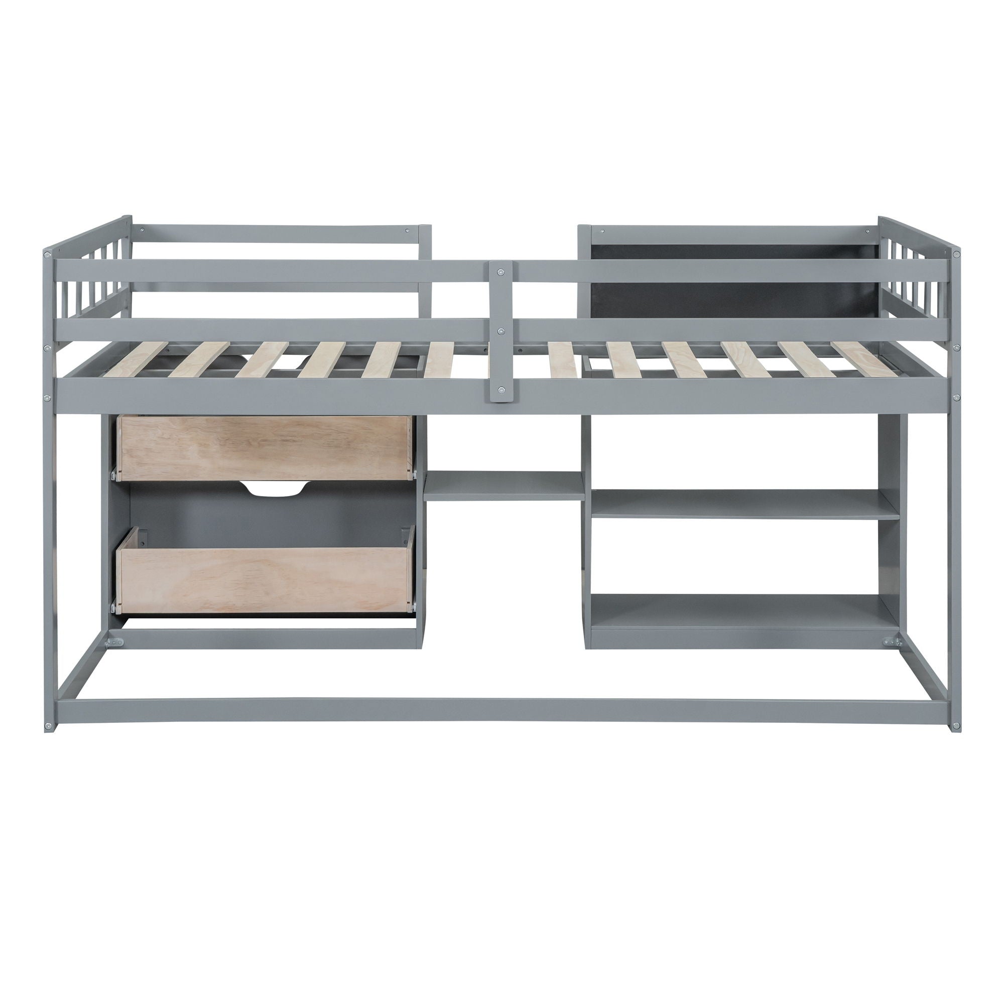 Low Loft Bed With Rolling Desk, Shelf And Drawers