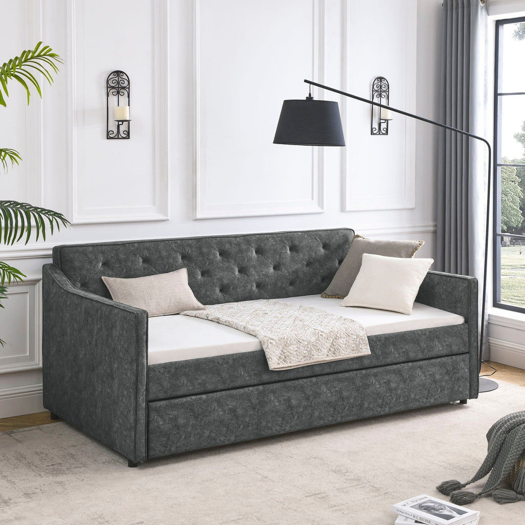 Twin Upholstered Daybed With Trundle, Waved Arms - Gray