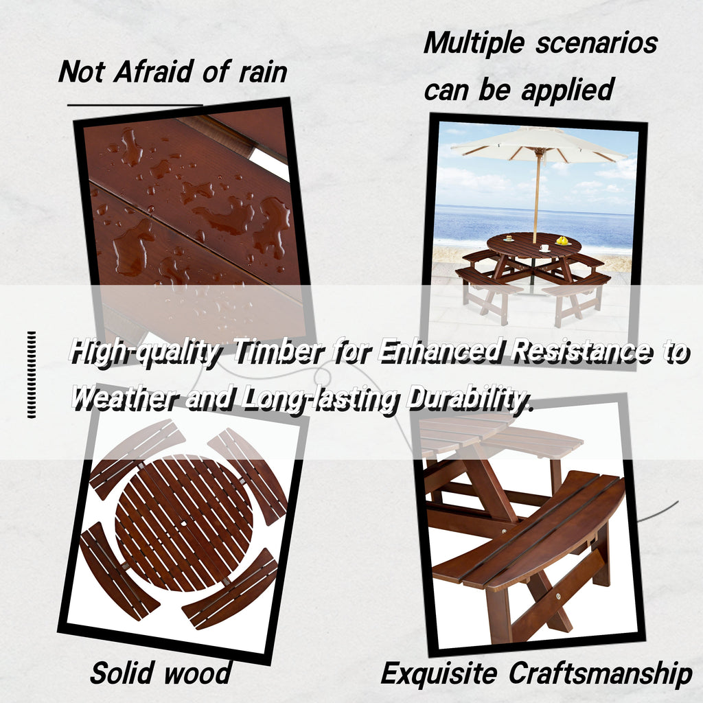 Outdoor 8 Person Round Picnic Table with Built-In Benches