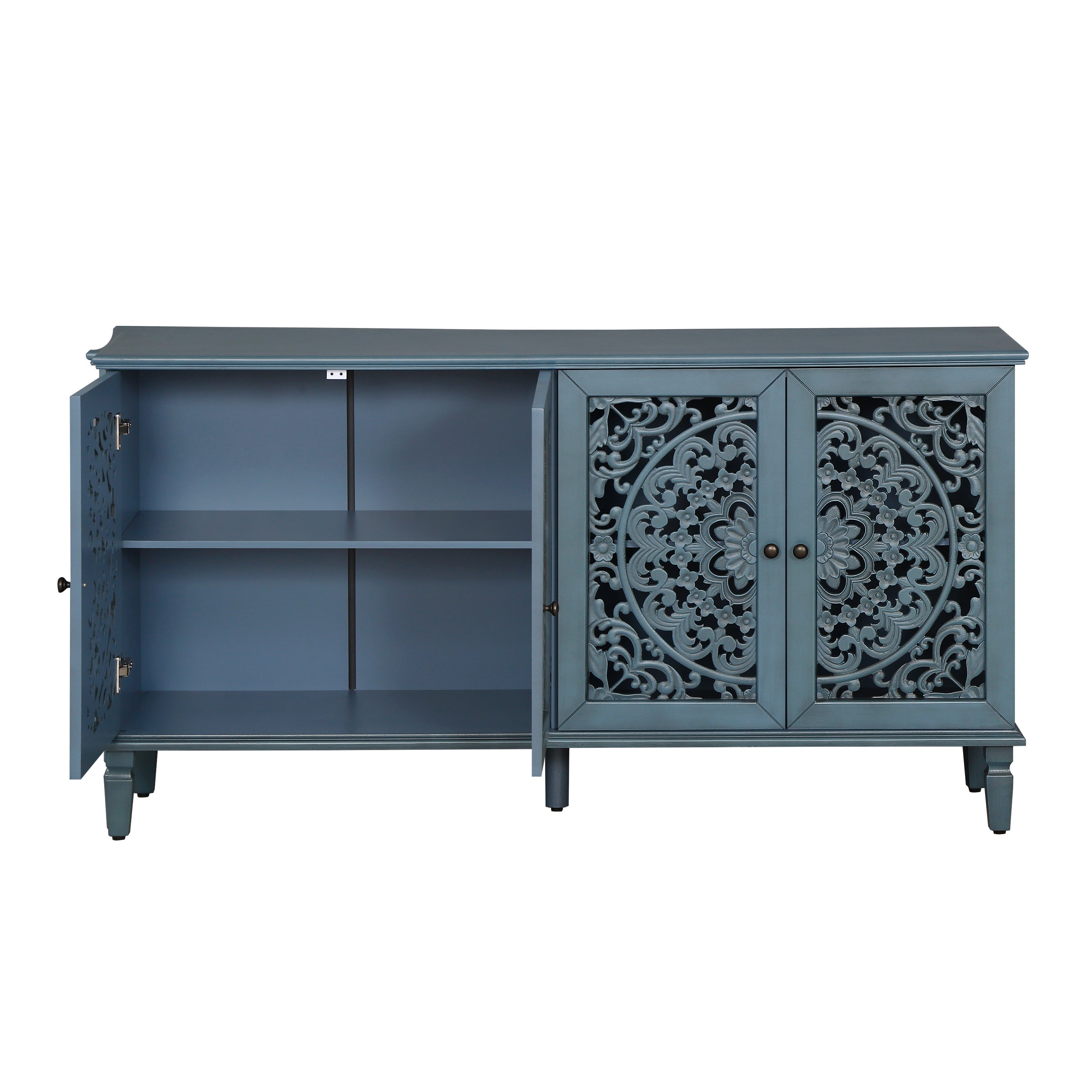 60" Antique Buffet Cabinet with Floral Carvings and Adjustable Shelves