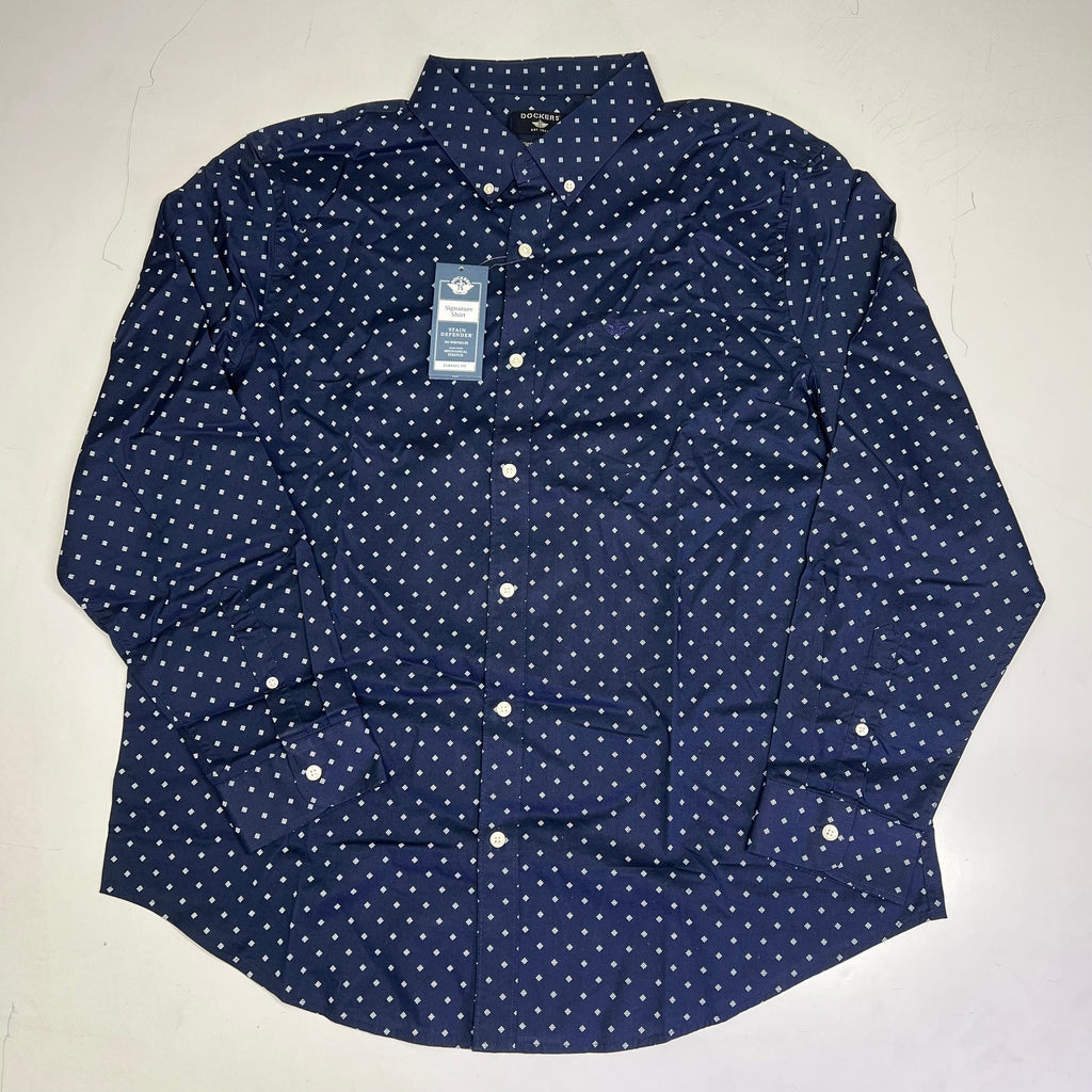 DOCKERS Stain Defender Button Up Shirt Daisy Pattern Men's Sz XL Navy Blue