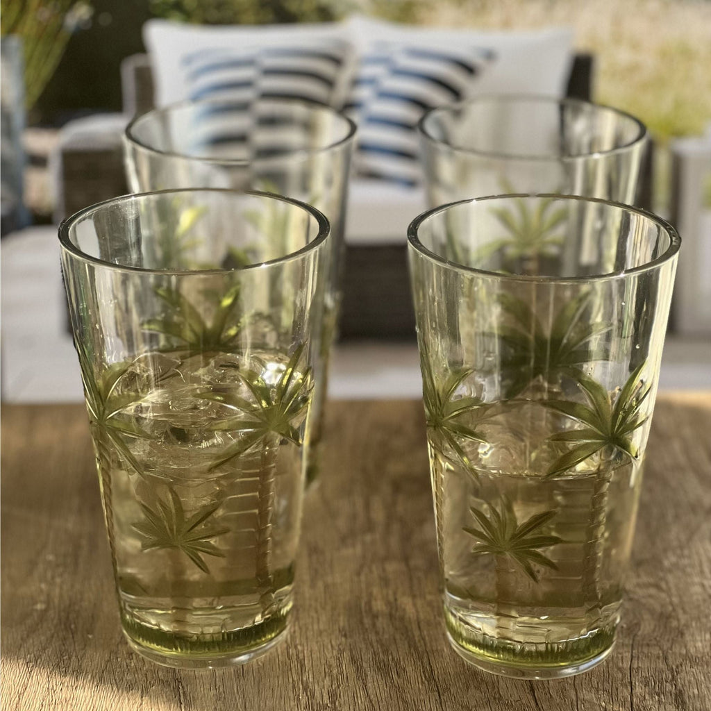 Palm Tree Design Acrylic Hi Ball Glasses Plastic, Bpa Free (Set of 4), 20Oz - Clear