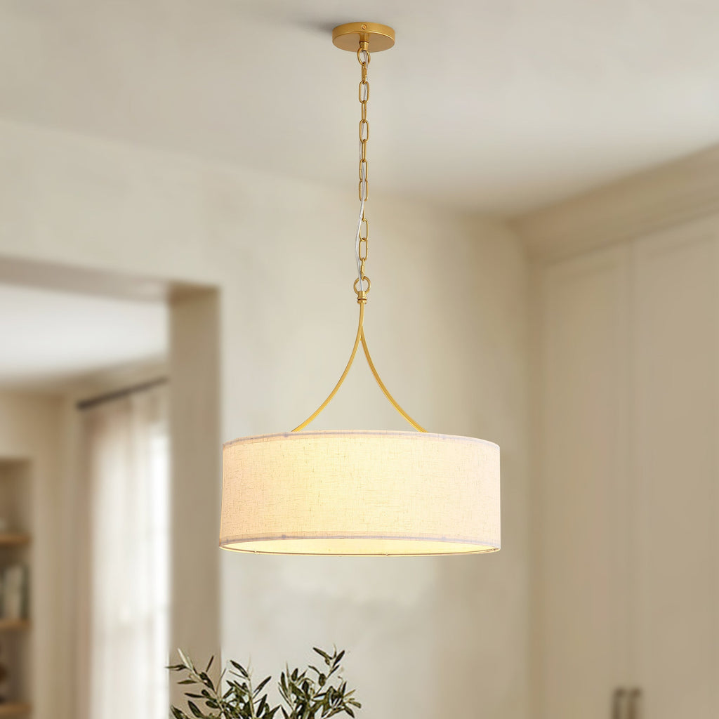 3-Light Gold Fabric Drum Pendant Light