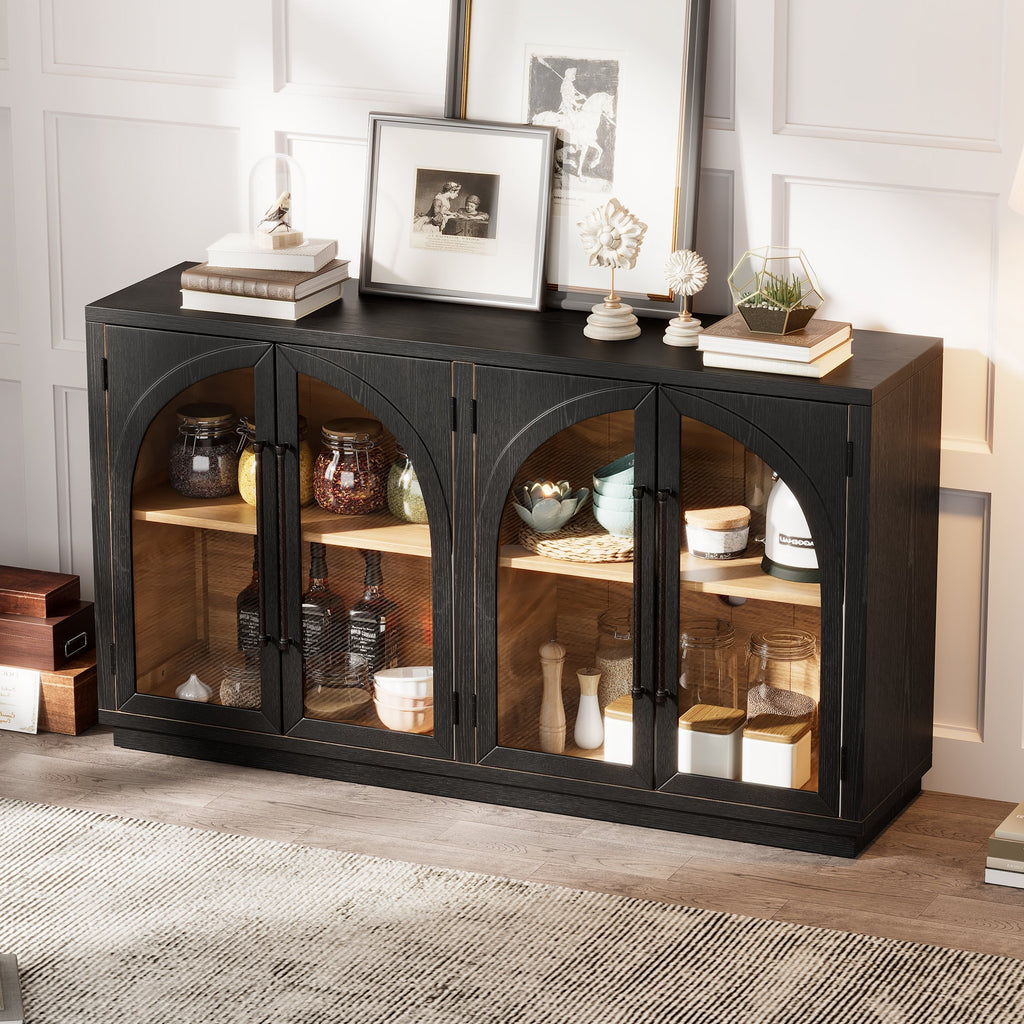 4-Door Large Storage Sideboard Buffet Cabinet with Glass Doors Arched Cabinet (Black)