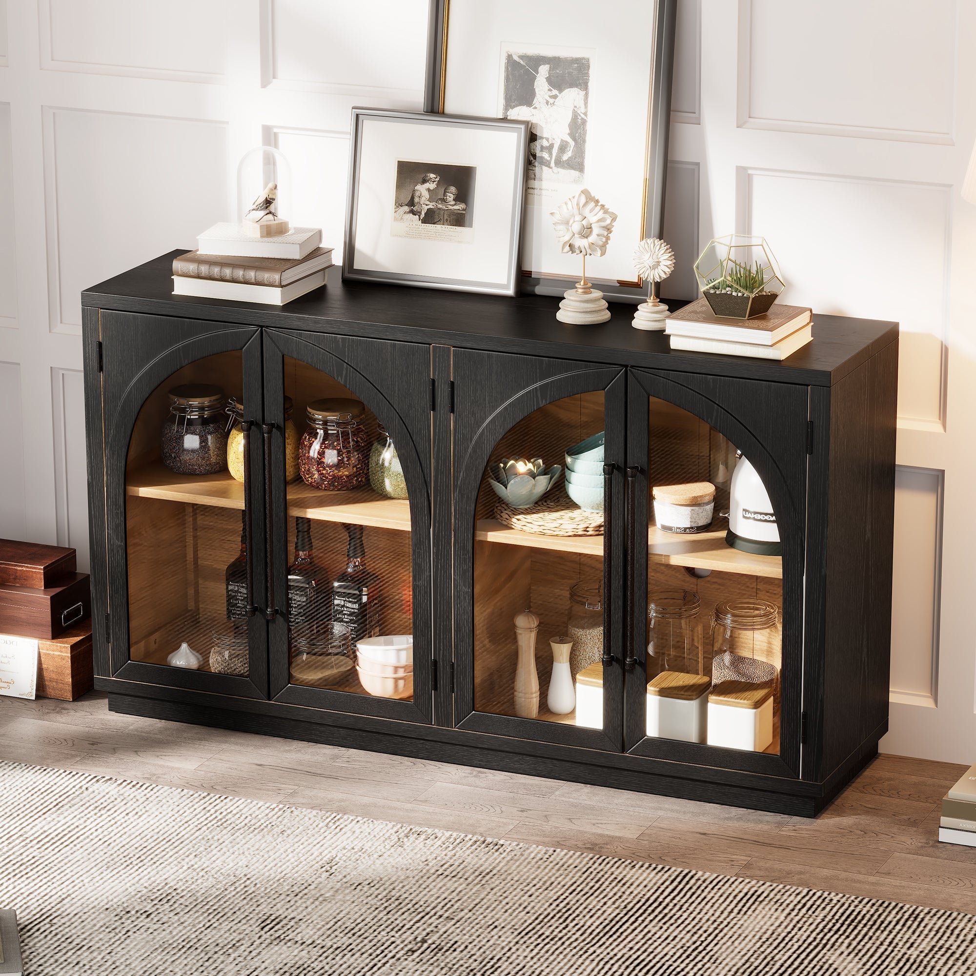 4-Door Large Storage Sideboard Buffet Cabinet with Glass Doors Arched Cabinet (Black)