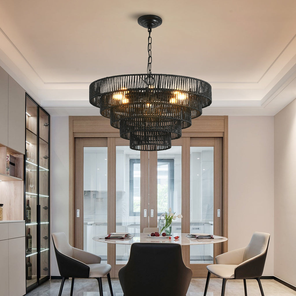 24" Rustic 5-Tier Black Hemp Rope Pendant Light Chandelier