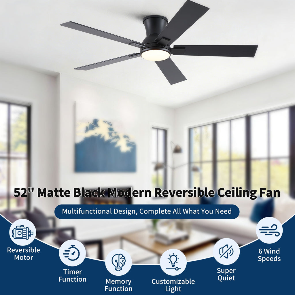 Low Profile Flush Mount Intergrated LED Ceiling Fan With Light And Reversible Quiet Motor