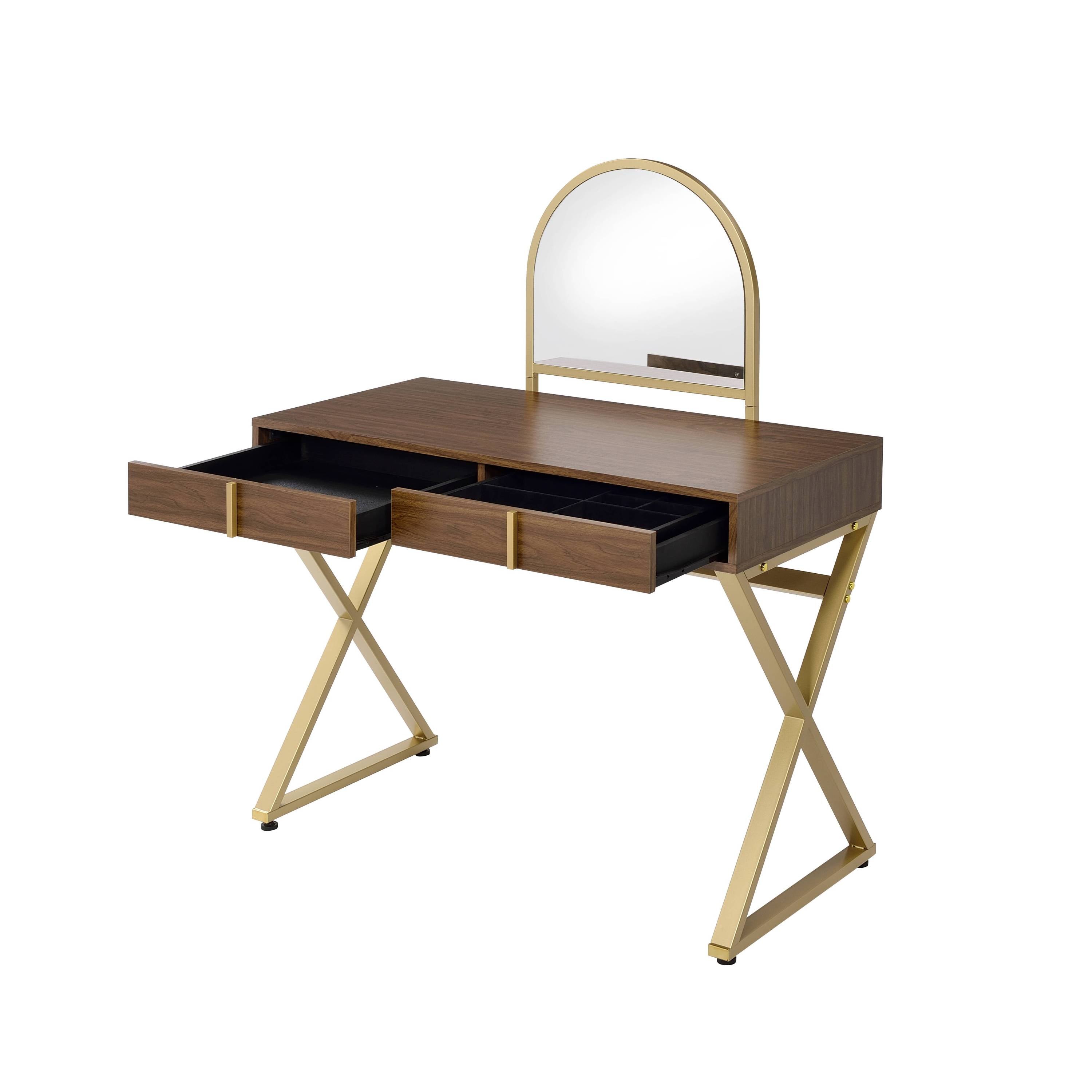 Coleen Walnut & Gold Finish Vanity Desk with Mirror & Jewelry Tray