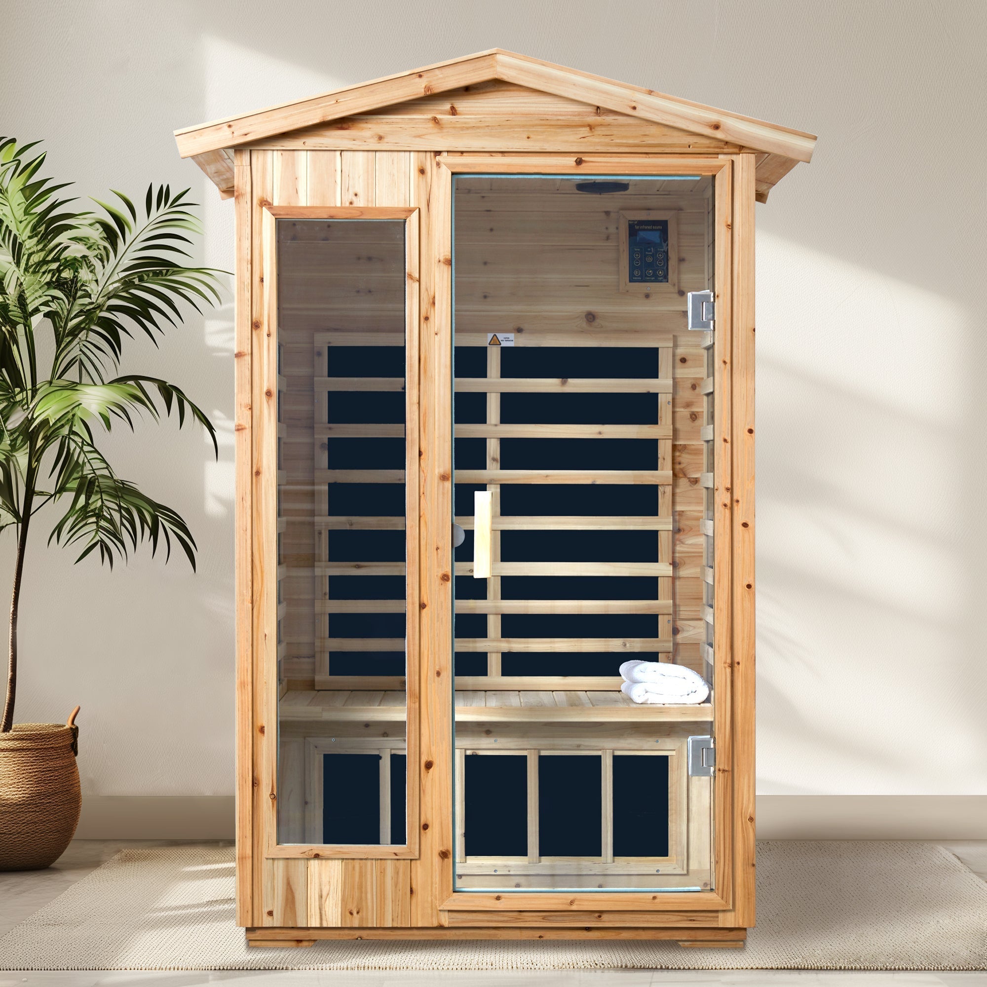 Two Person Far Infrared Old Fir Outdoor Sauna Room with Bluetooth and LED Lighting