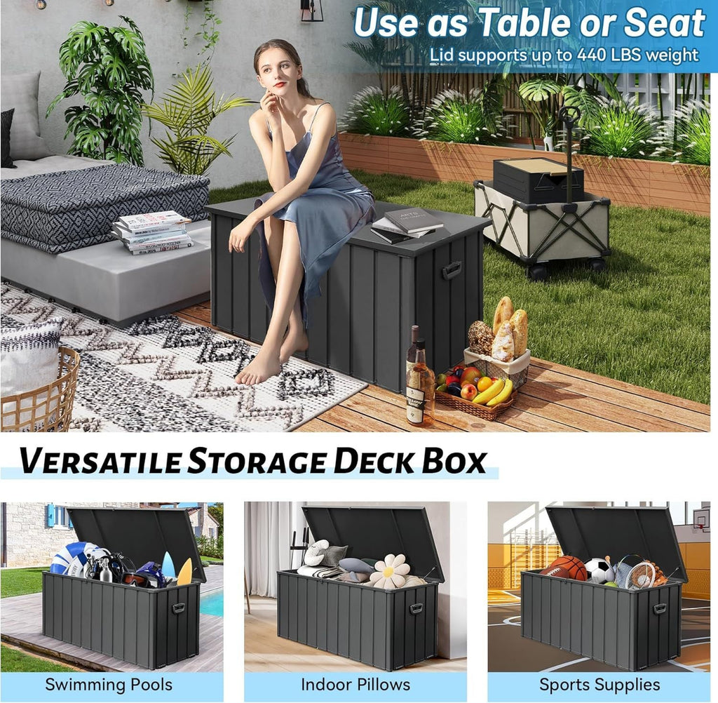 190 Gallon Metal Deck Box, Waterproof Steel Outdoor Storage Bench