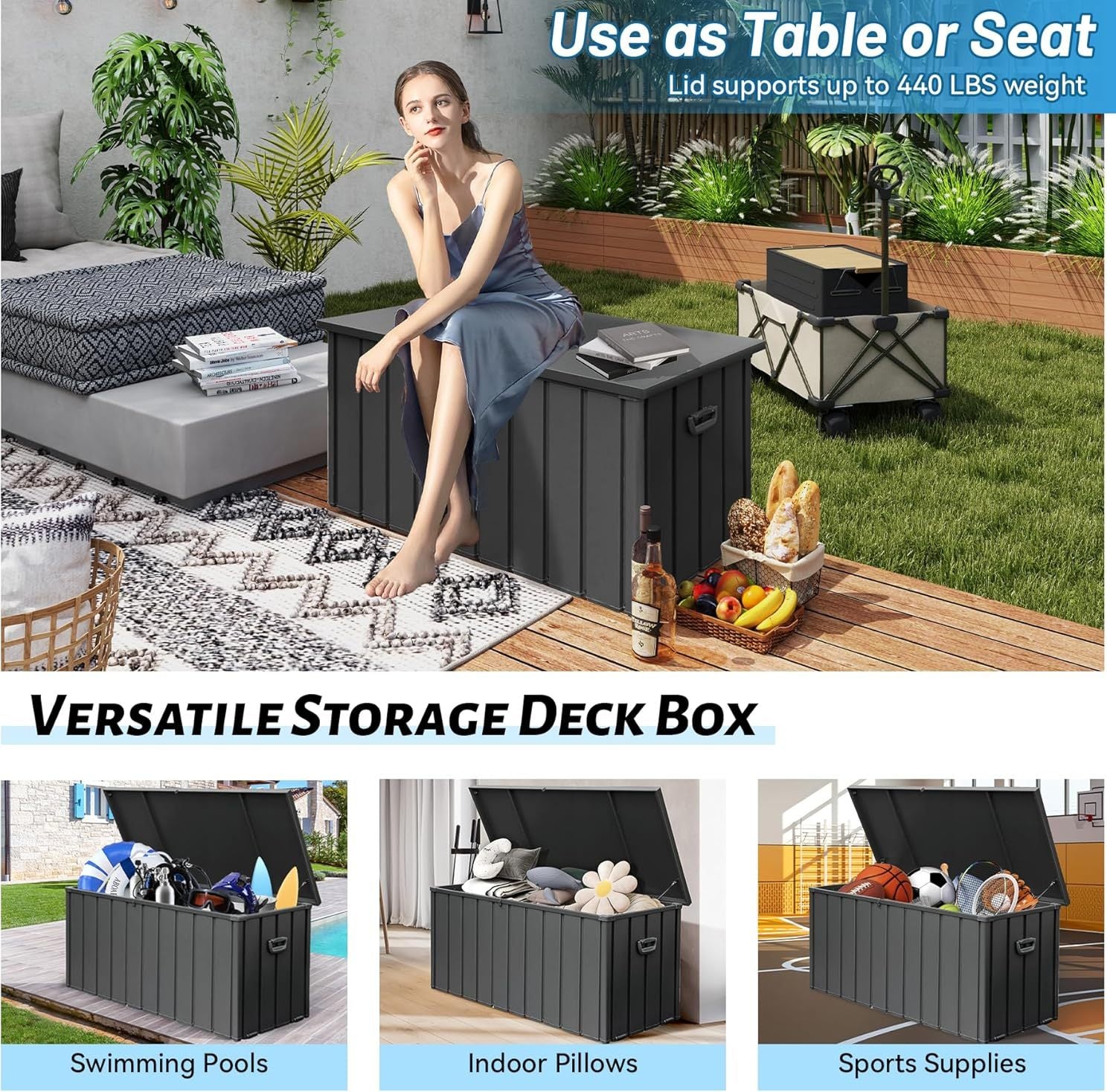 190 Gallon Metal Deck Box, Waterproof Steel Outdoor Storage Bench