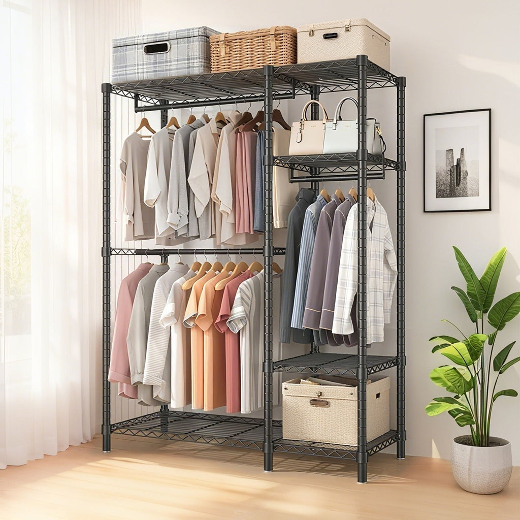 Freestanding Clothes Rack With 6 Adjustable Wire Shelves And 3 Garment Rails - Black