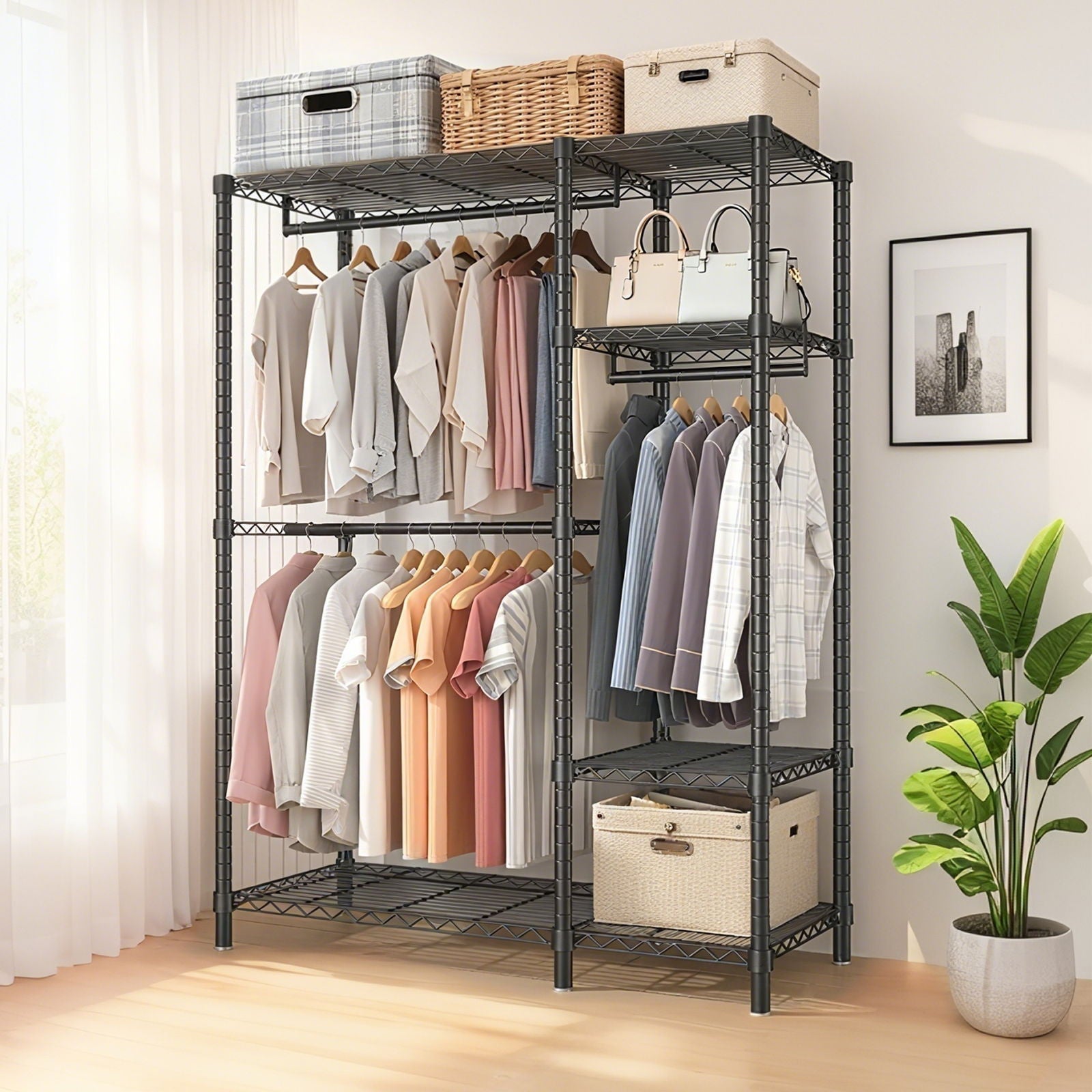 Freestanding Clothes Rack With 6 Adjustable Wire Shelves And 3 Garment Rails - Black
