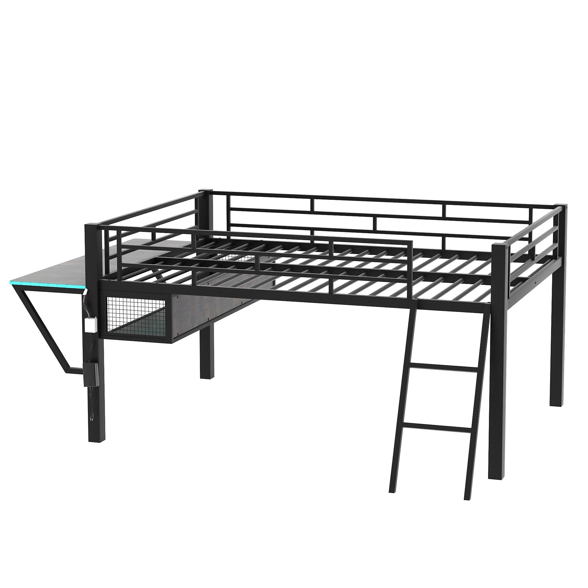 Gaming - Full Size Loft Bed With Desk, LED - Black