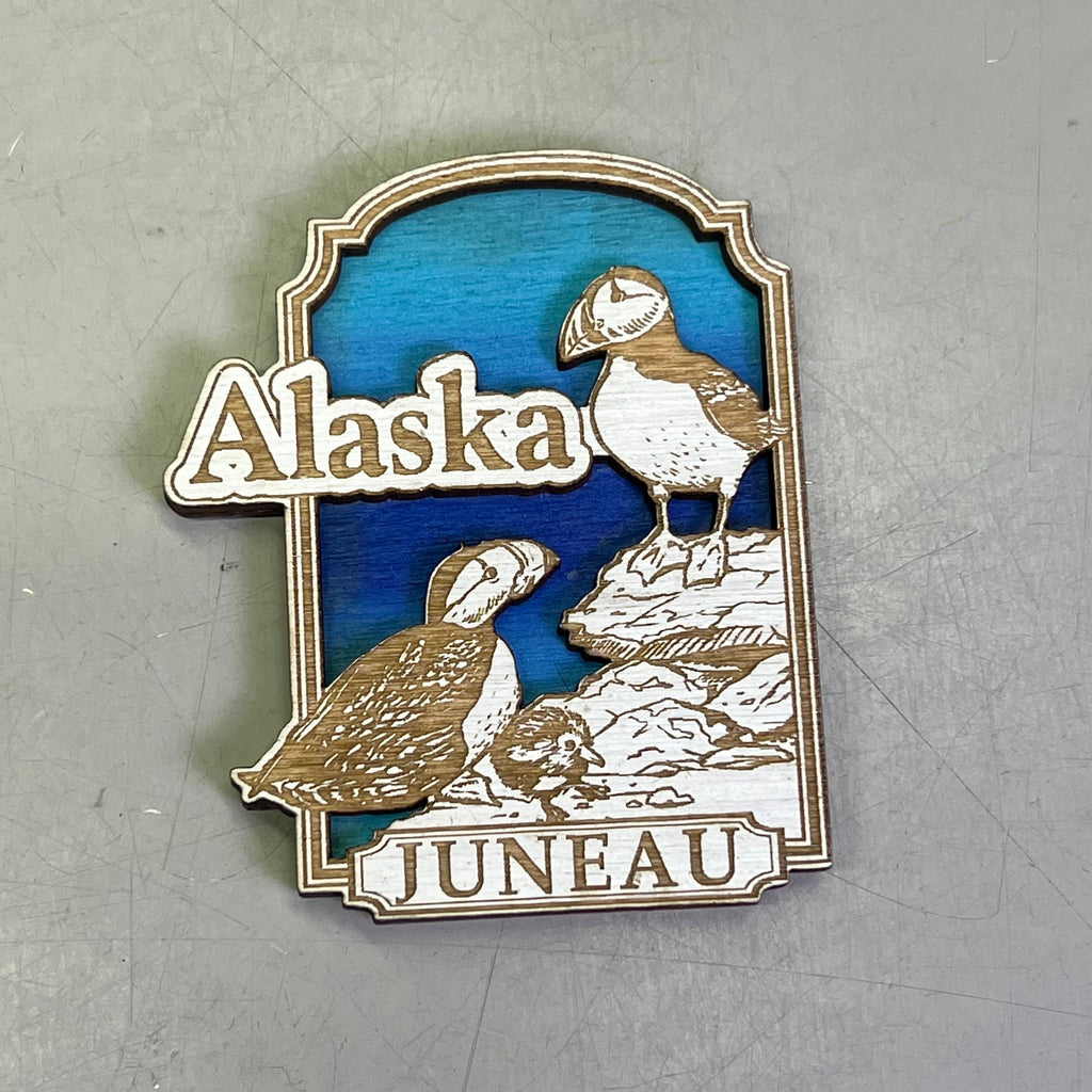 (2 PACK) Puffin Birds Laser Cut Wood Magnet Souvenir JUNEAU, AK Made In USA