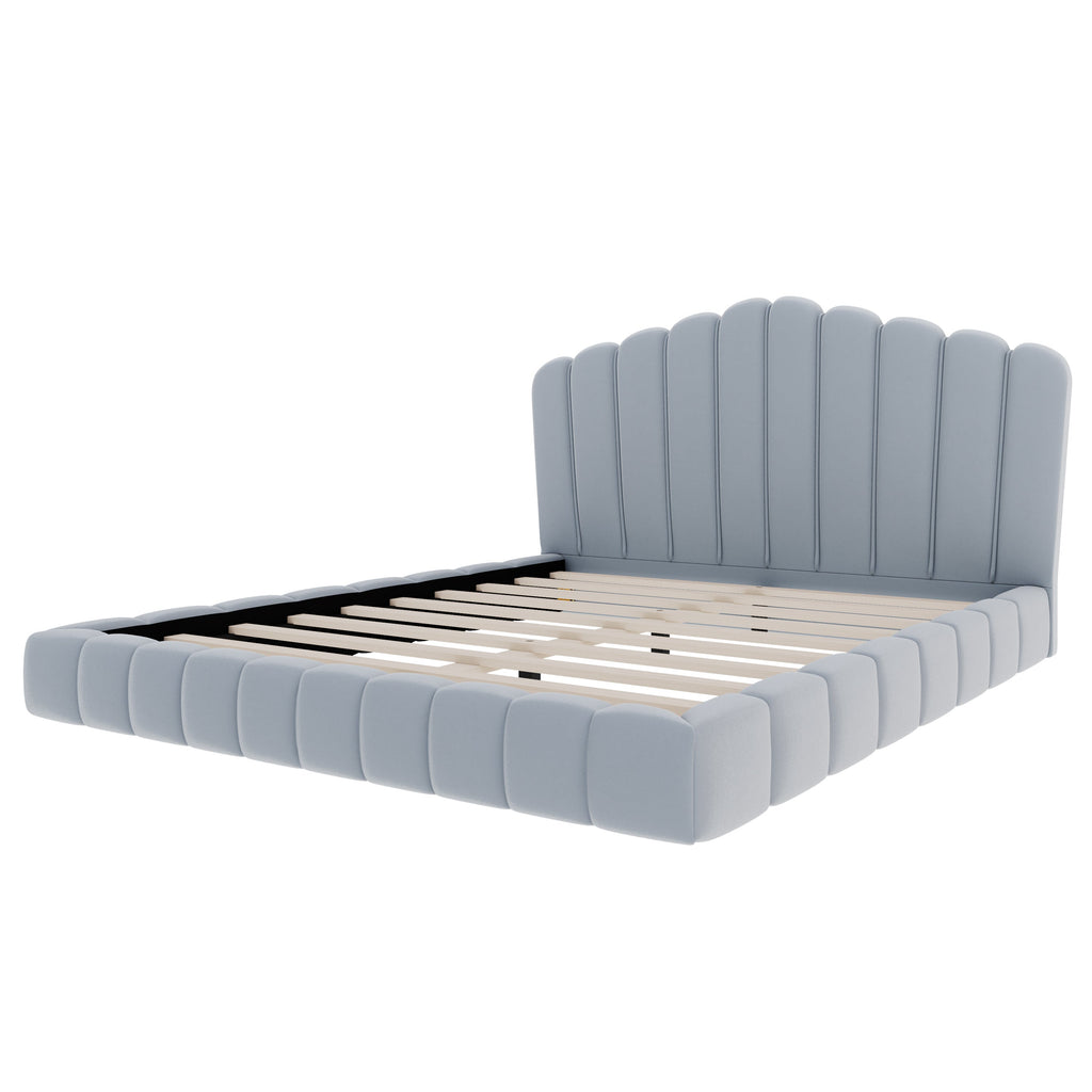 Velvet Upholstered Queen Bed with Shell-Shaped Headboard