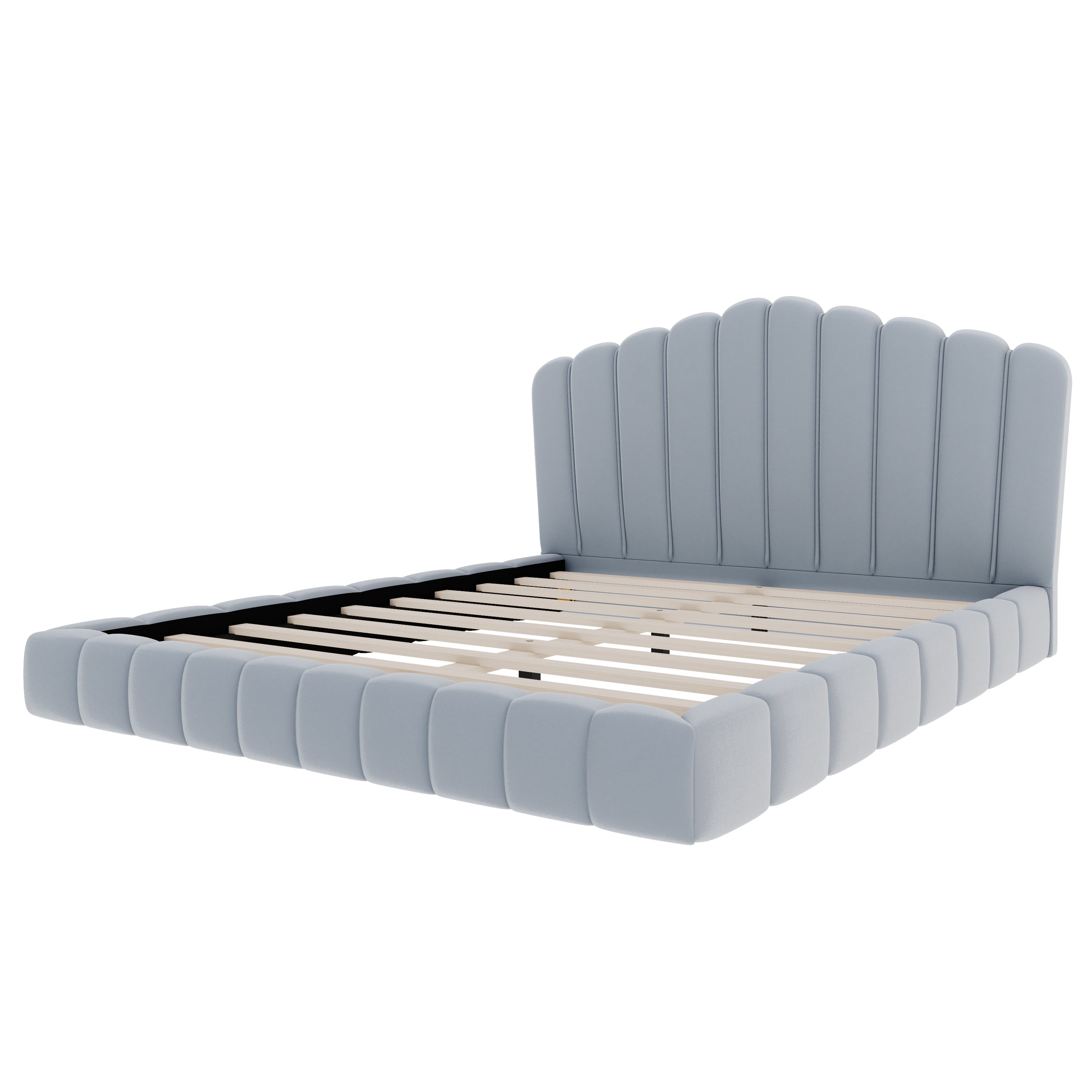 Velvet Upholstered Queen Bed with Shell-Shaped Headboard