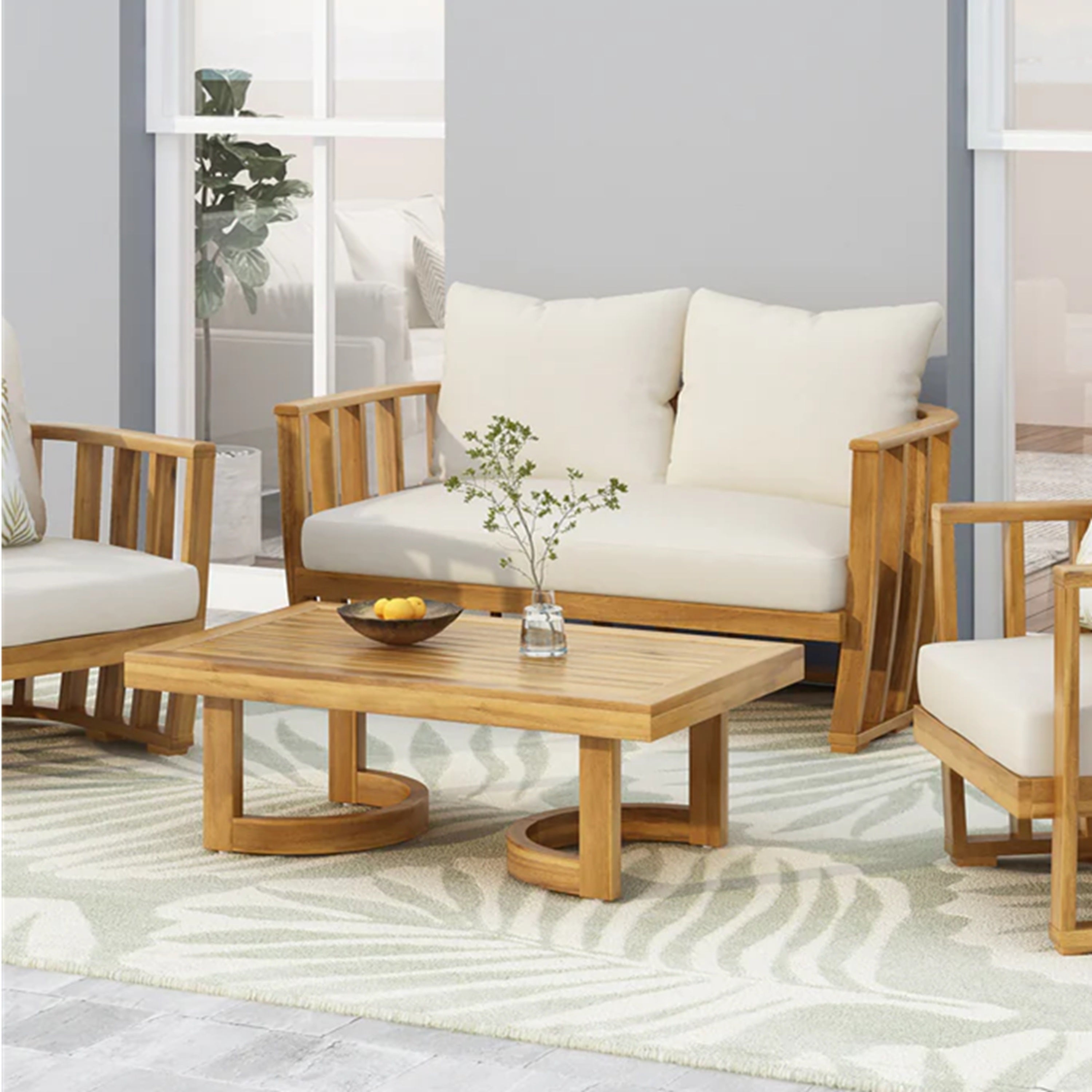 Outdoor Acacia Wood Loveseat and Coffee Table Set with Cushions