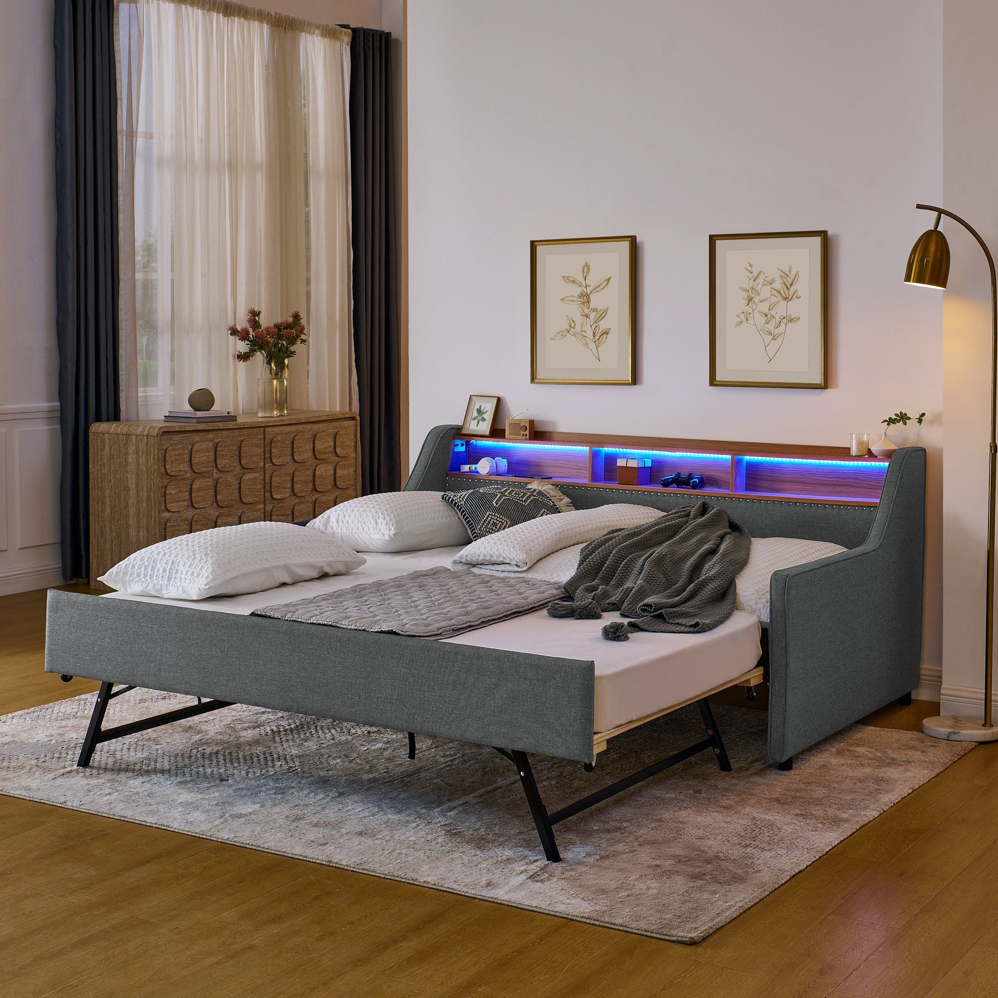 Upholstered Sofa Bed With LED Lights, Storage Headboard, Foldable Trundle & Wireless Charging