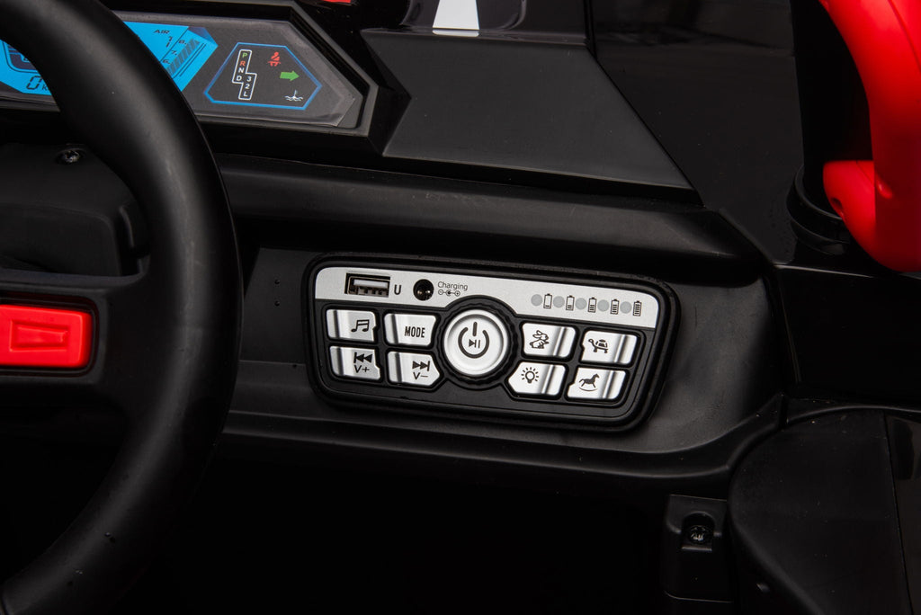 12V7A*1 30W*4 Four-Wheel Drive Seat One Button Start, Forward And Backward, High And Low Speed, Music, Front Light, Power Display, Two Doors Can Open, 2.4G R / C, Seat Belt Four Wheel Absorber