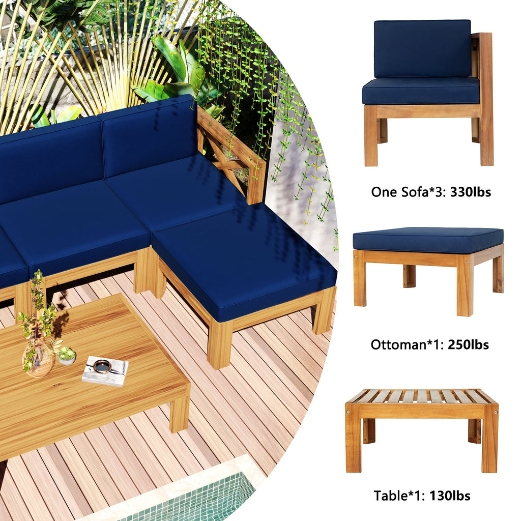 TOPMAX Outdoor 5-Piece Wood Sectional Patio Sofa Set with Blue Cushions